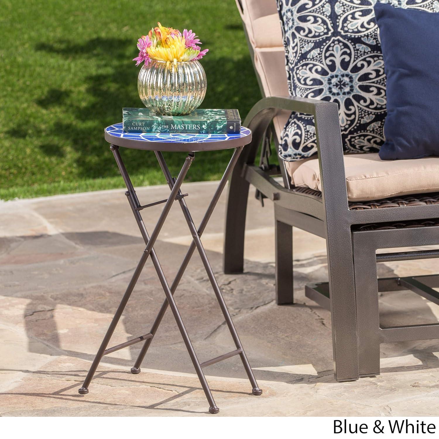 Fleur De Lis Living Folding Blue and White Top Side Table with Iron Frame, Multifunctional Plant or Beverage Stand
