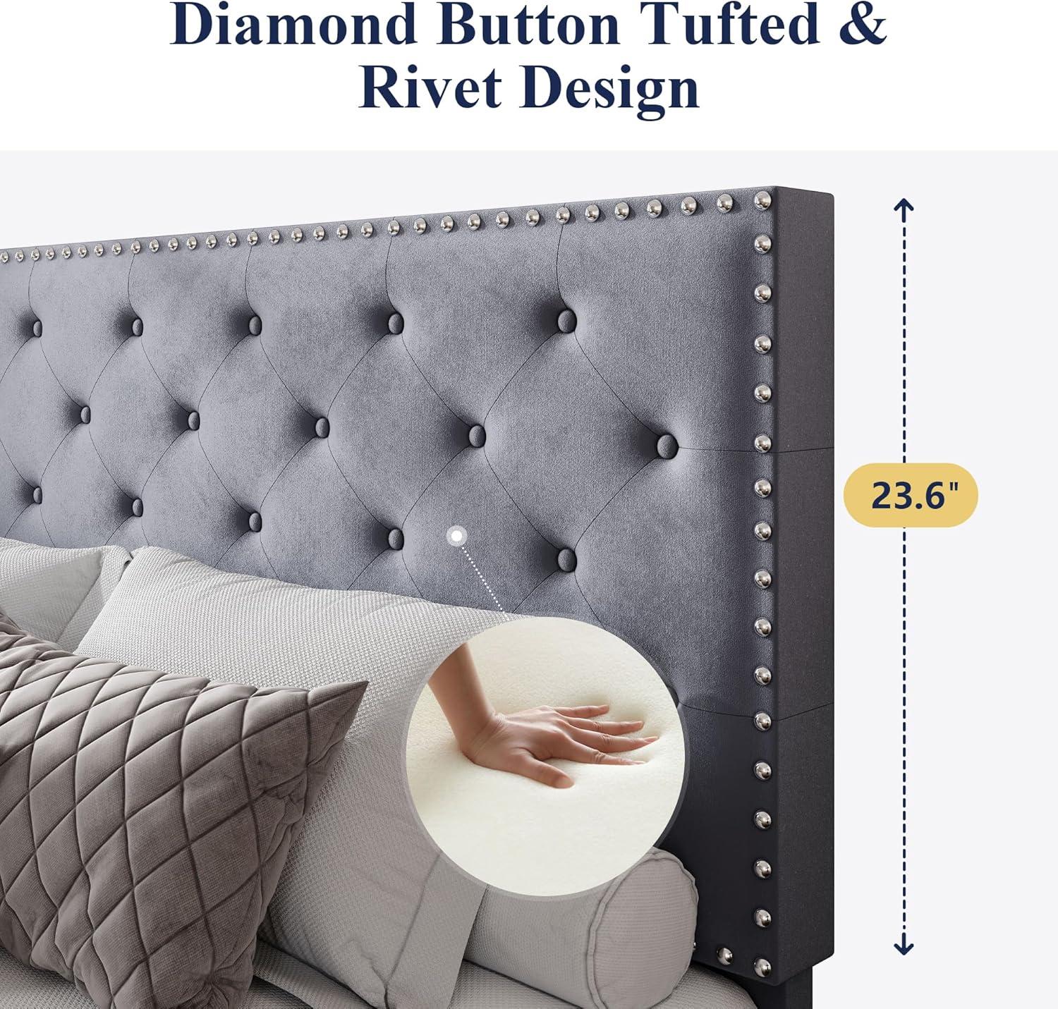 Allewie Full Size Bed Frame, Velvet Upholstered Platform Bed with Adjustable Diamond Button Tufted & Nailhead Trim Headboard, Light Grey