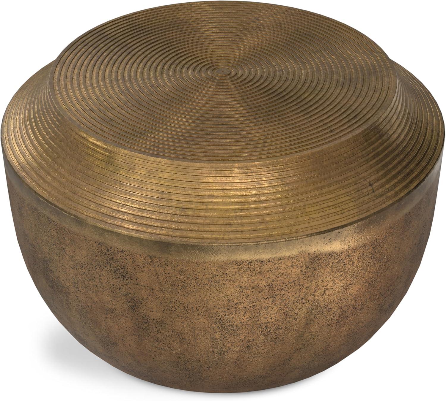 Simpli Home Timmons 21 inch Wide Round Contemporary Cast Aluminum Coffee Table in Antique Brass, Fully Assembled