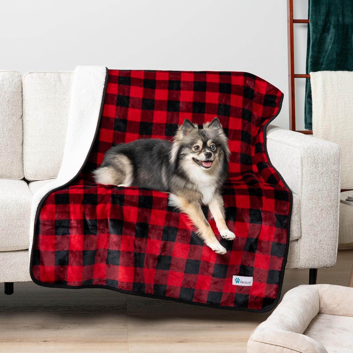 Large Red Plaid Waterproof Sherpa Fleece Pet Blanket