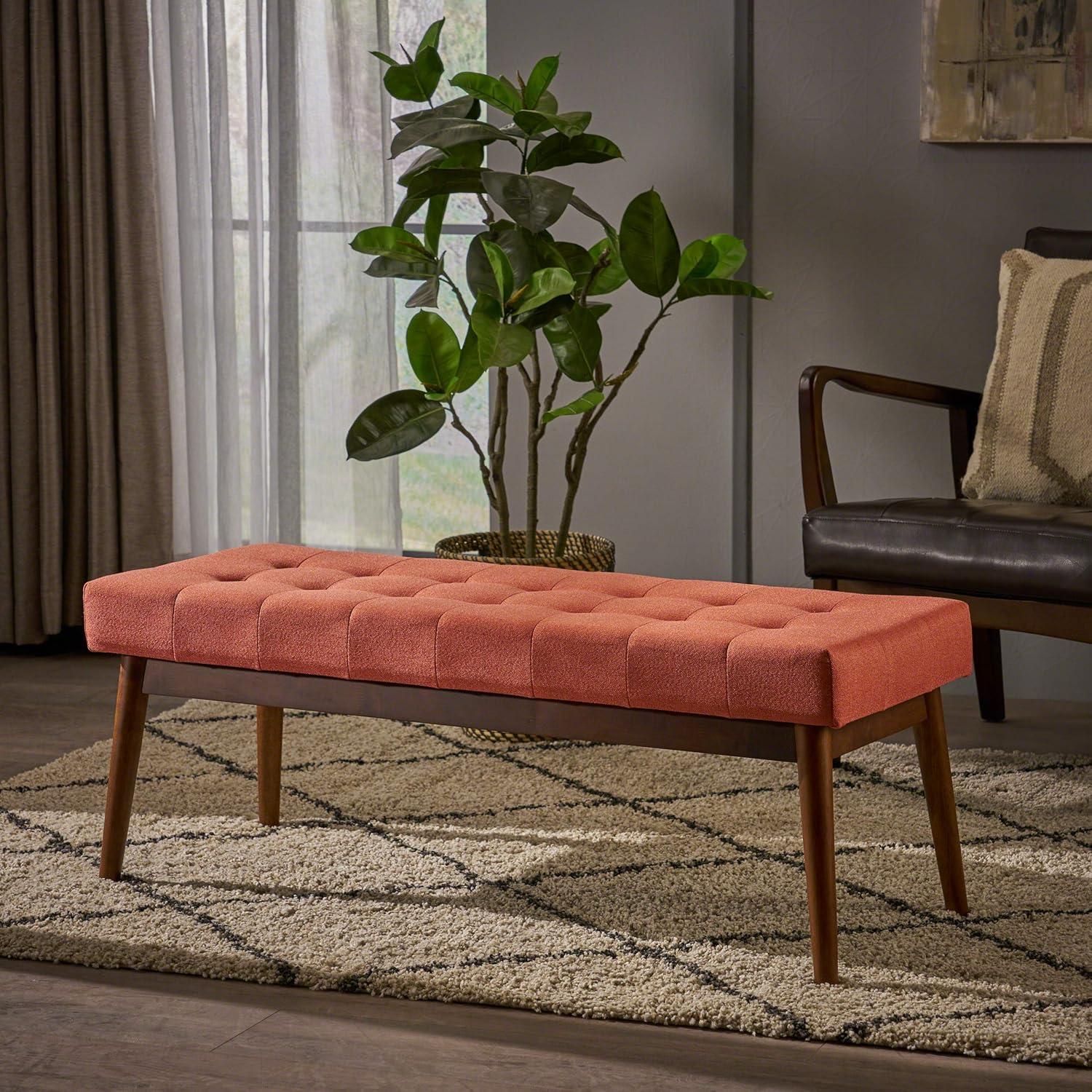 Mid-Century Coral Tufted Fabric Ottoman with Walnut Frame