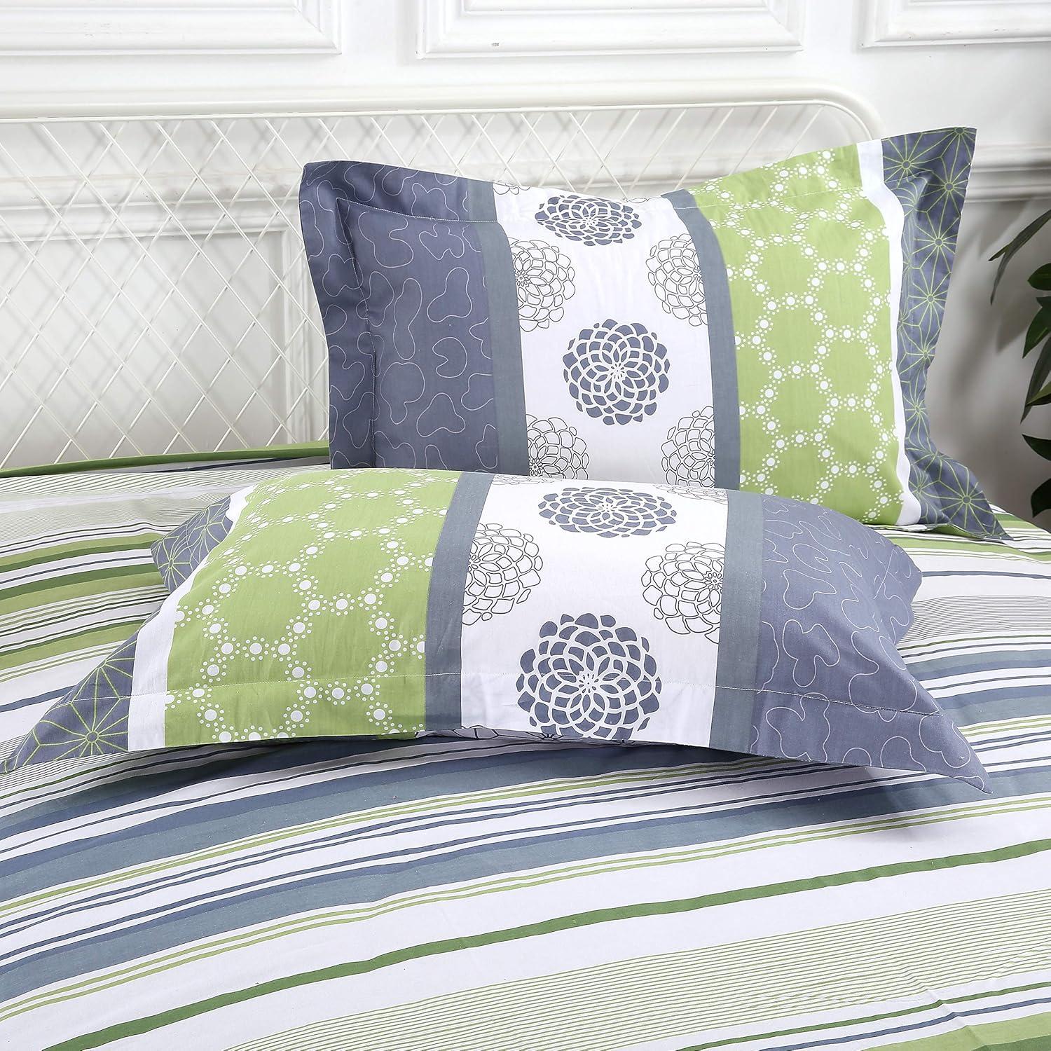 Serene Green and Gray Cotton Queen Bedding Set with Pillow Shams