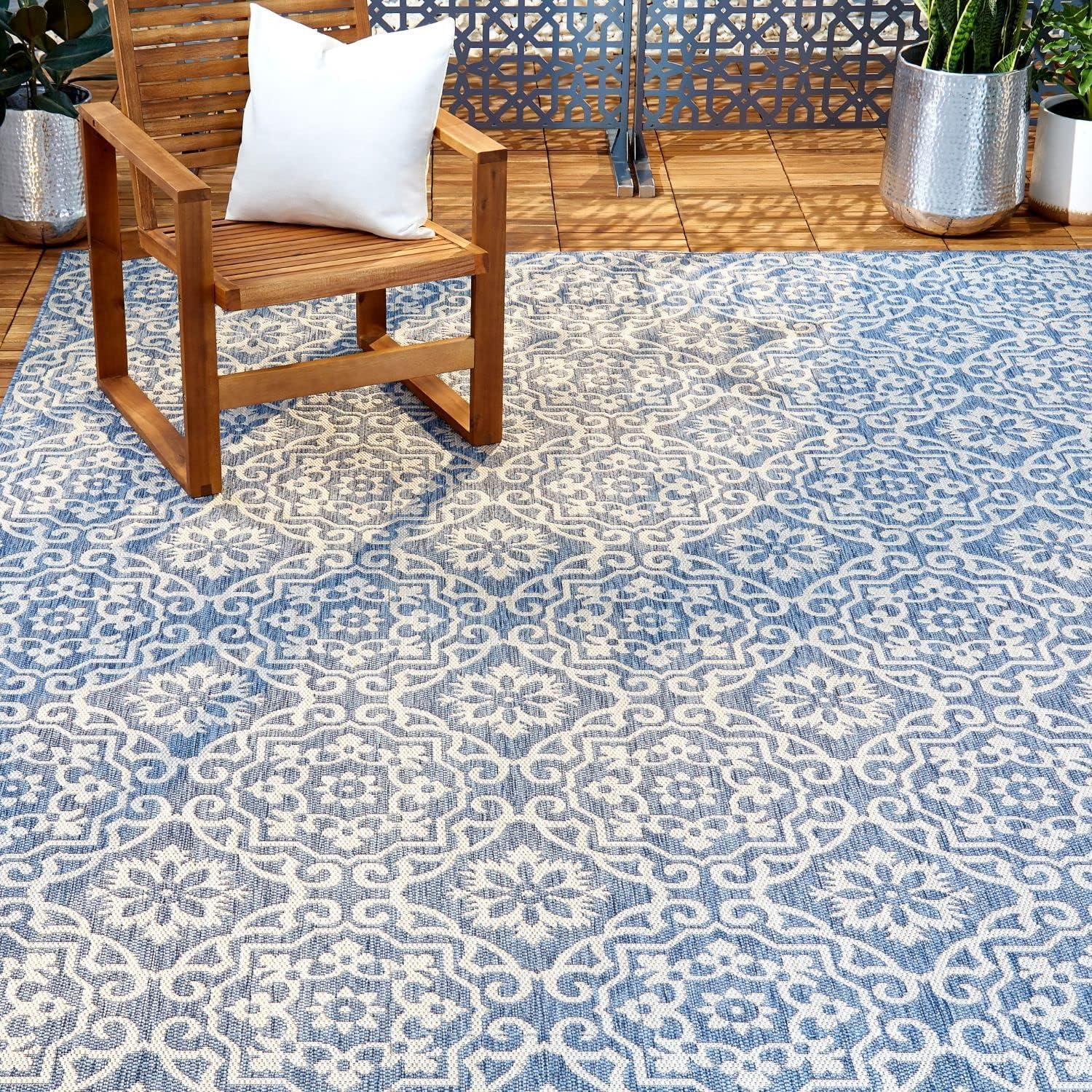 Blue & Gray Geometric Synthetic Indoor/Outdoor Rug, 31"x20"