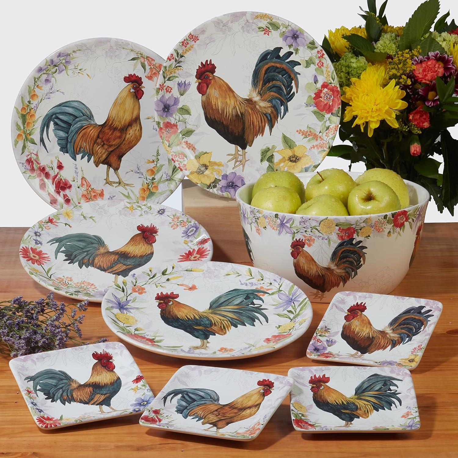 Green Ceramic Rooster Floral 3-Piece Canister Set