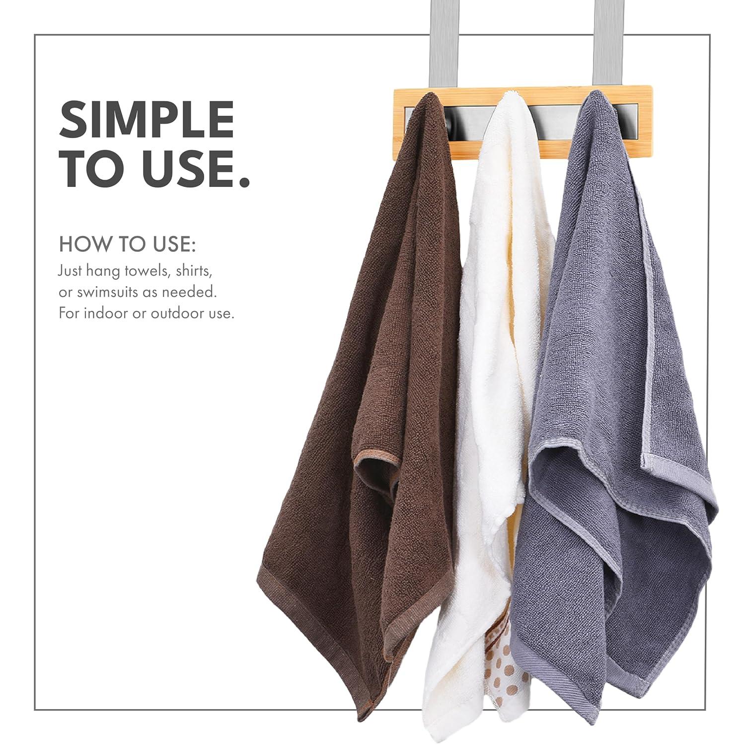 ToiletTree Products Bamboo and Stainless Steel Over-the-Door Hooks - 3 Hook Towel Rack for Bathroom, Utility, and Closet Organization
