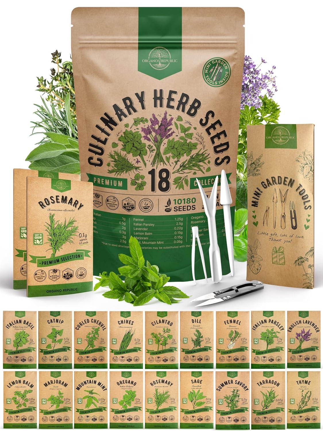 Organo Republic 18 Culinary Herbs Seeds Variety Pack - 10,180+ Heirloom, Non-GMO, Herbs Seeds