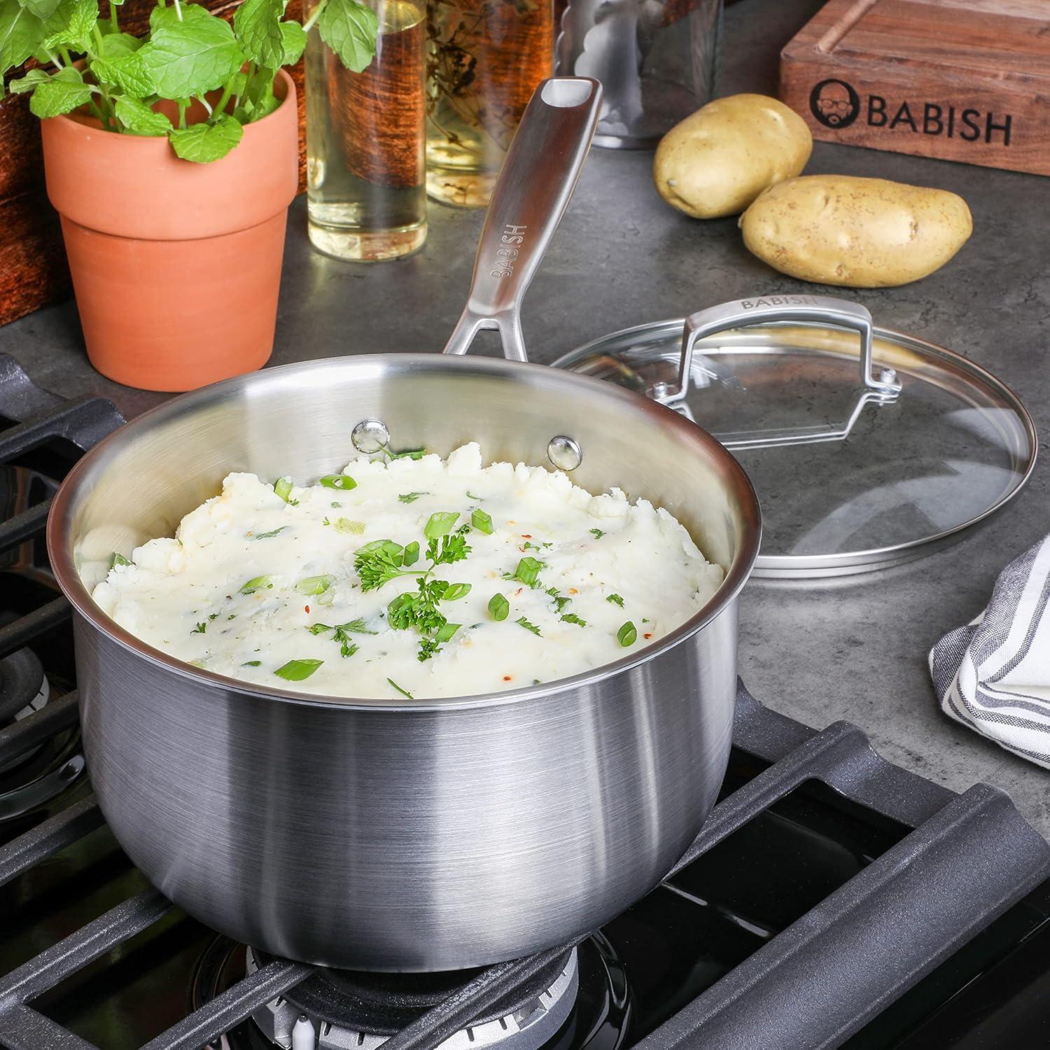 Babish 3.5-Quart Stainless Steel Non-Stick Saucier with Glass Lid