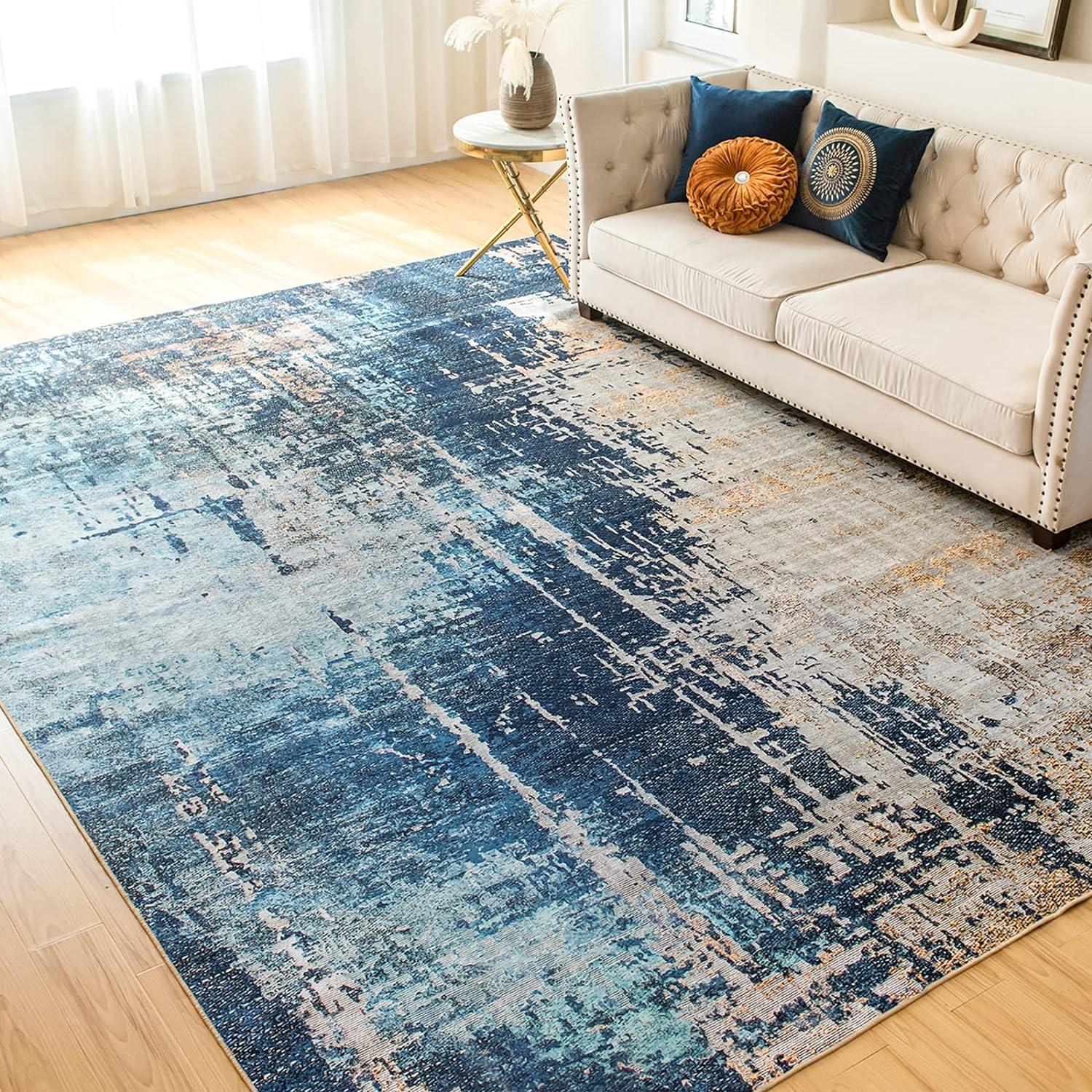 Nefoso 8' x 10' Area Rugs, Washable Area Rugs for Living Room Bedroom Home Decor, Non-Slip Carpet, Modern Abstract, Blue & Beige