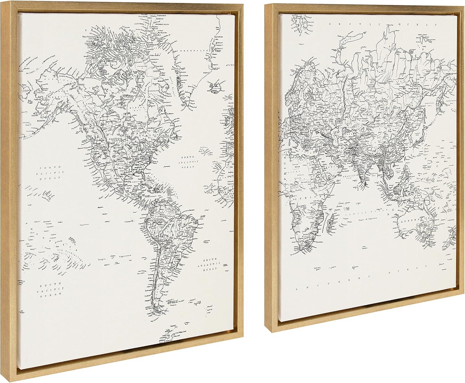 18" x 24" 2pc Sylvie Black/White Modern Retro World Map Framed Canvases by the Creative Bunch Studio Gold - Kate & Laurel All Things Decor