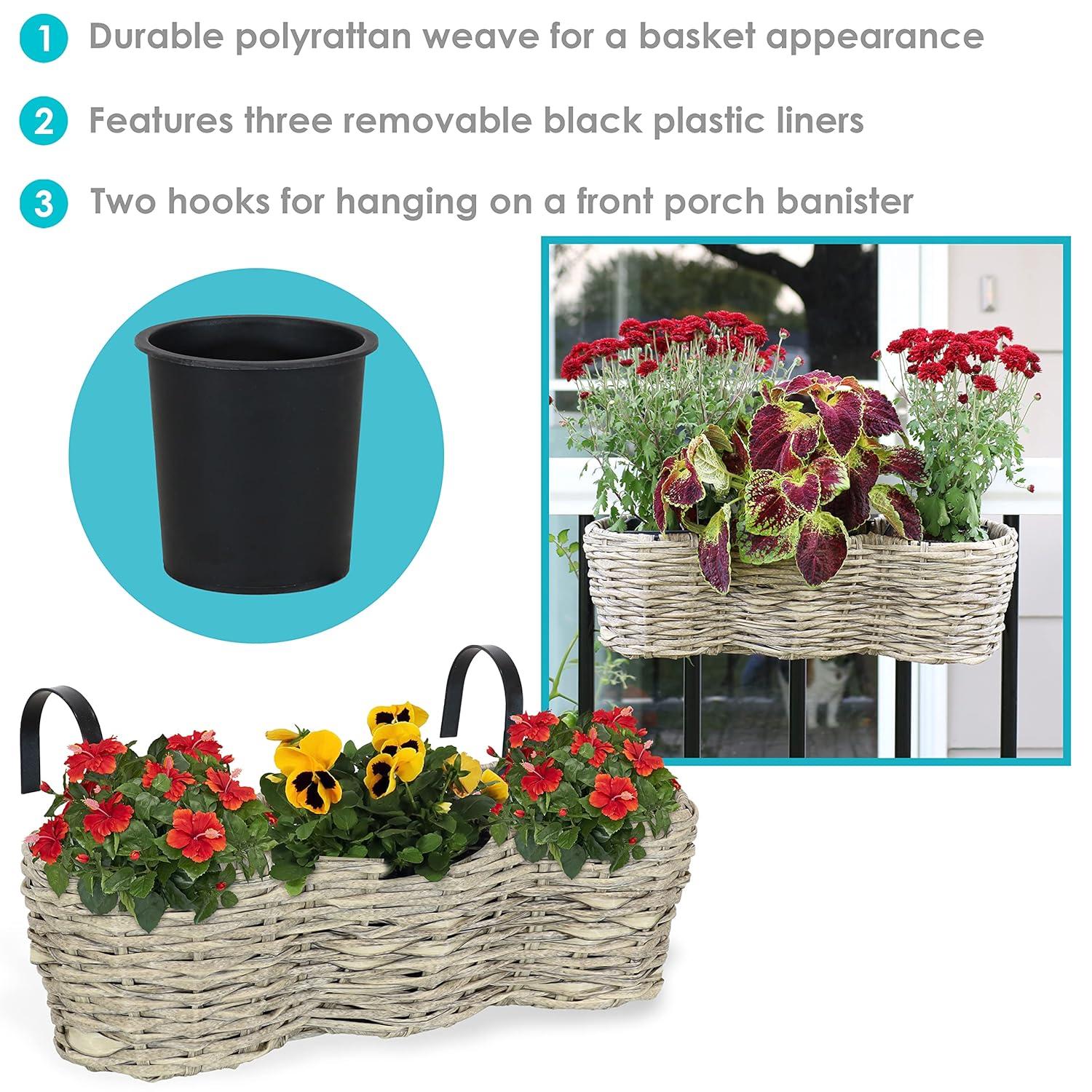 Sunnydaze Indoor/Outdoor Polyrattan Over-the-Rail Tri-Planter with 3 Round Black Plastic Liners - Frost