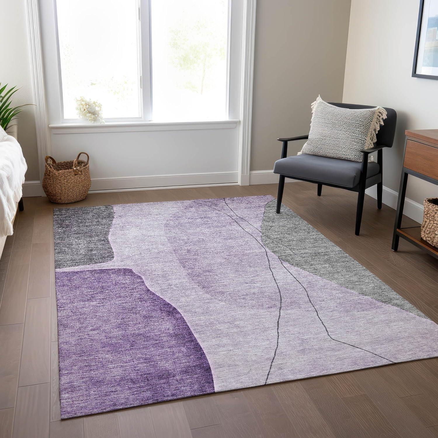 Purple and Gray Synthetic 5' x 7' Washable Area Rug