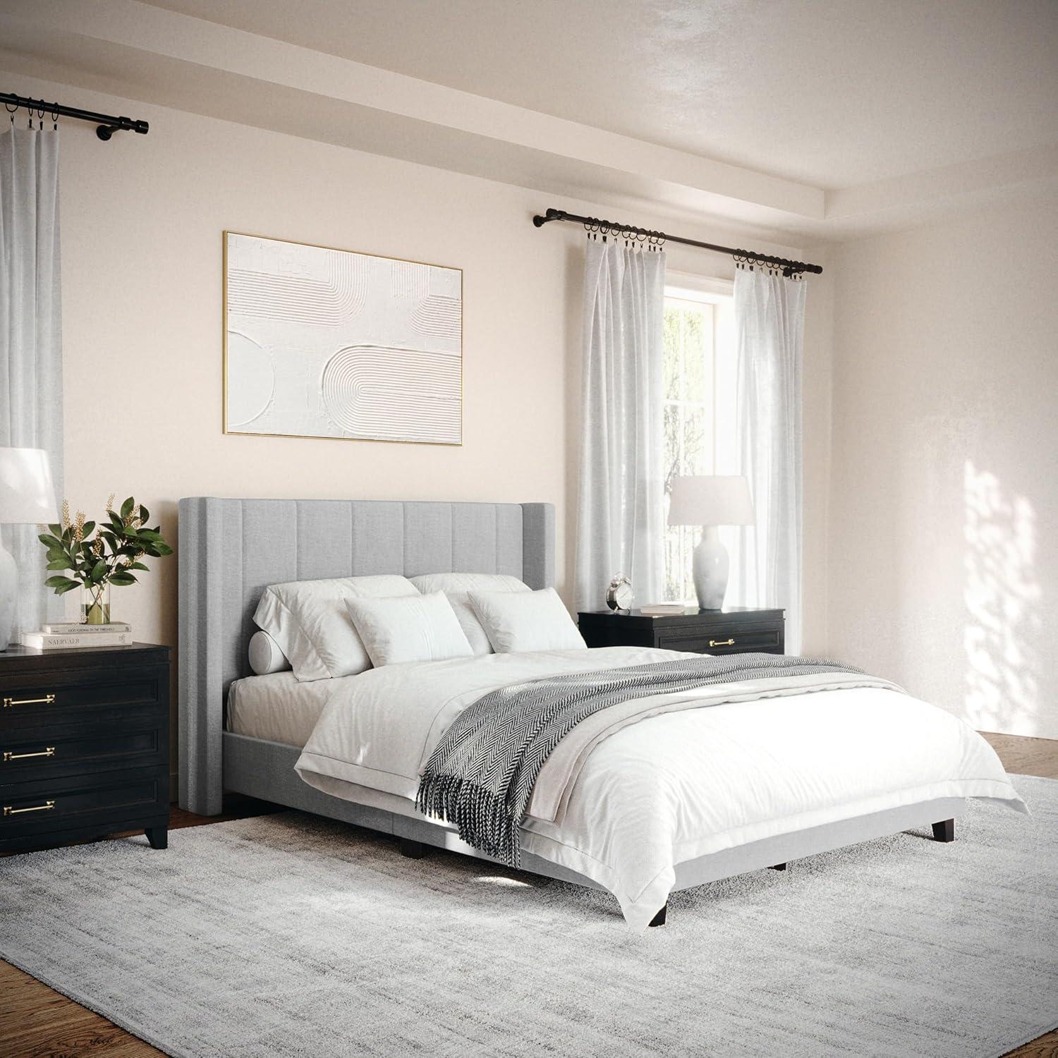 Martha Stewart Kay Full Upholstered Platform Bed with Channel Stitched Wingback Headboard and Cushioned Siderails, Wood Slat Foundation, No Box Spring Needed, Gray