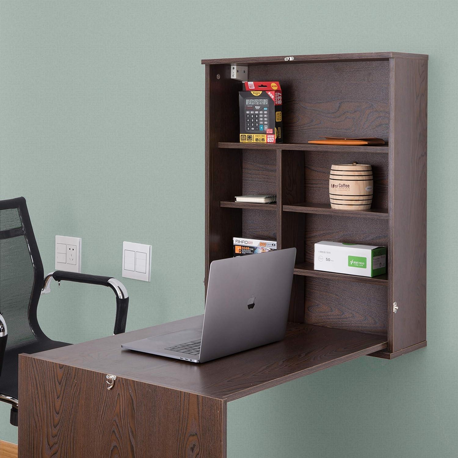 Basicwise Wall Mount Laptop Fold-out Desk with Shelves, Brown