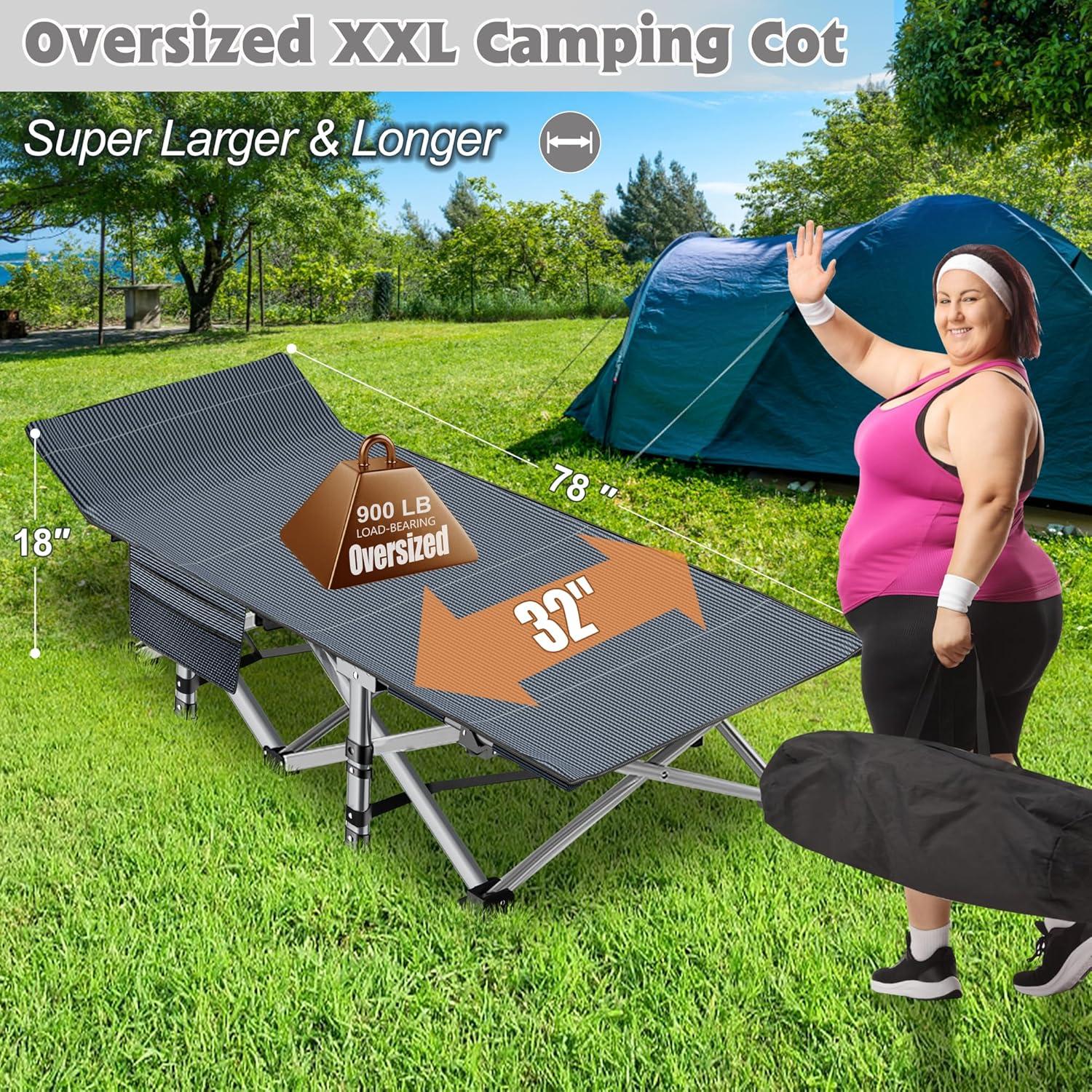 ABORON Oversized XXL Folding Camping Cot W/Mat for Adults, 78" L x 32" W x 18" H Heavy Duty Outdoor Bed with Carry Bag,1200 D Layer Oxford Travel Camp Cots