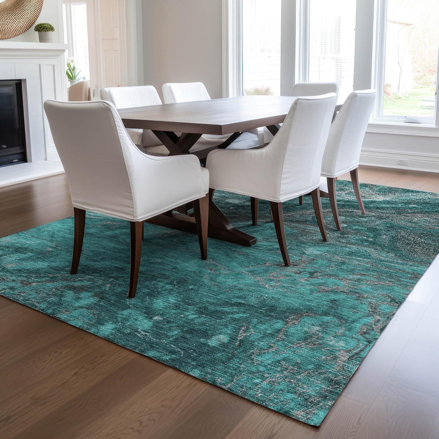 Teal Abstract Chenille Flat Woven Washable Rug, 5' x 7'