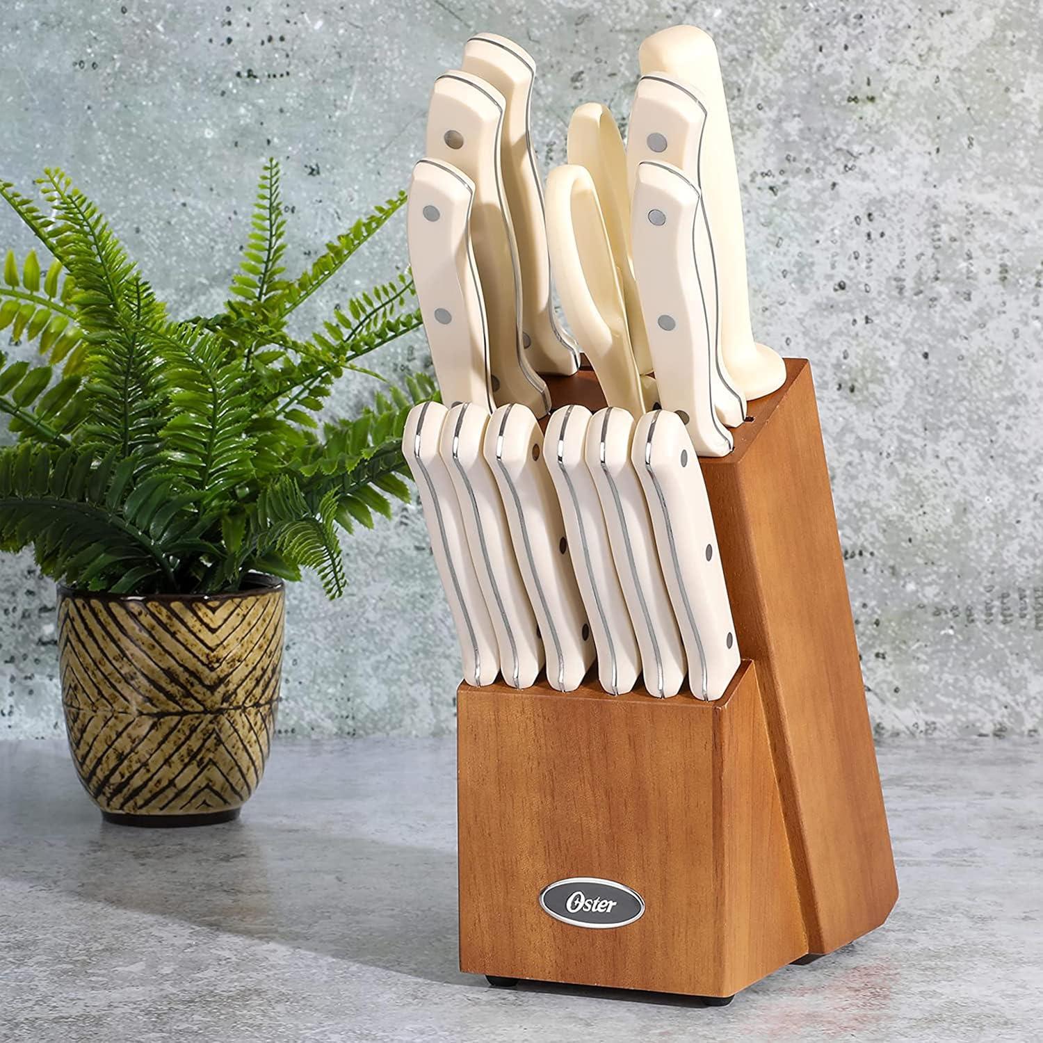 Evansville 14 Piece White Stainless Steel Cutlery Set with Wood Block