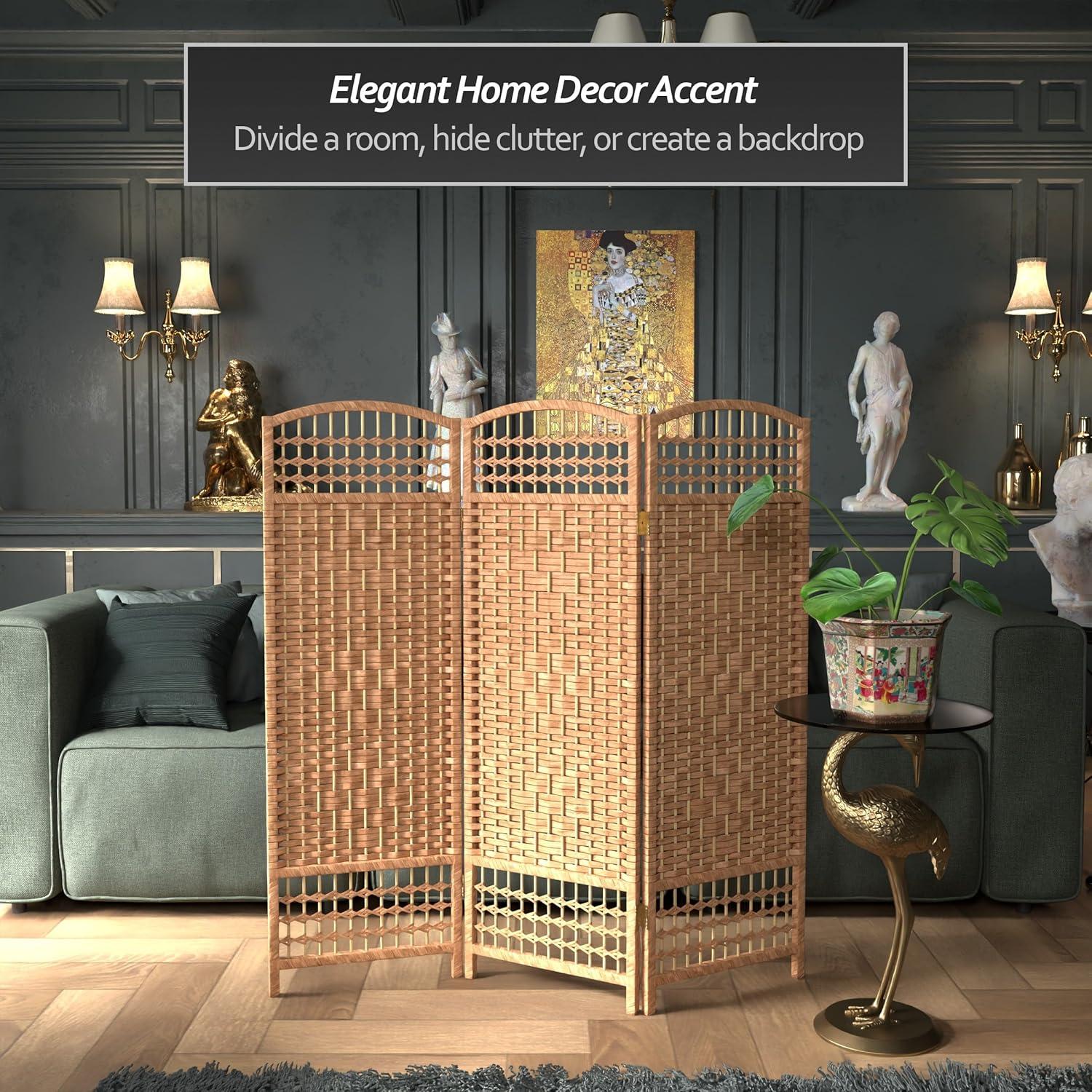 4 ft. Tall Fiber Weave Room Divider - Natural (3 Panels) - Oriental Furniture: Hardwood Frame, Spot Clean, No Assembly Required
