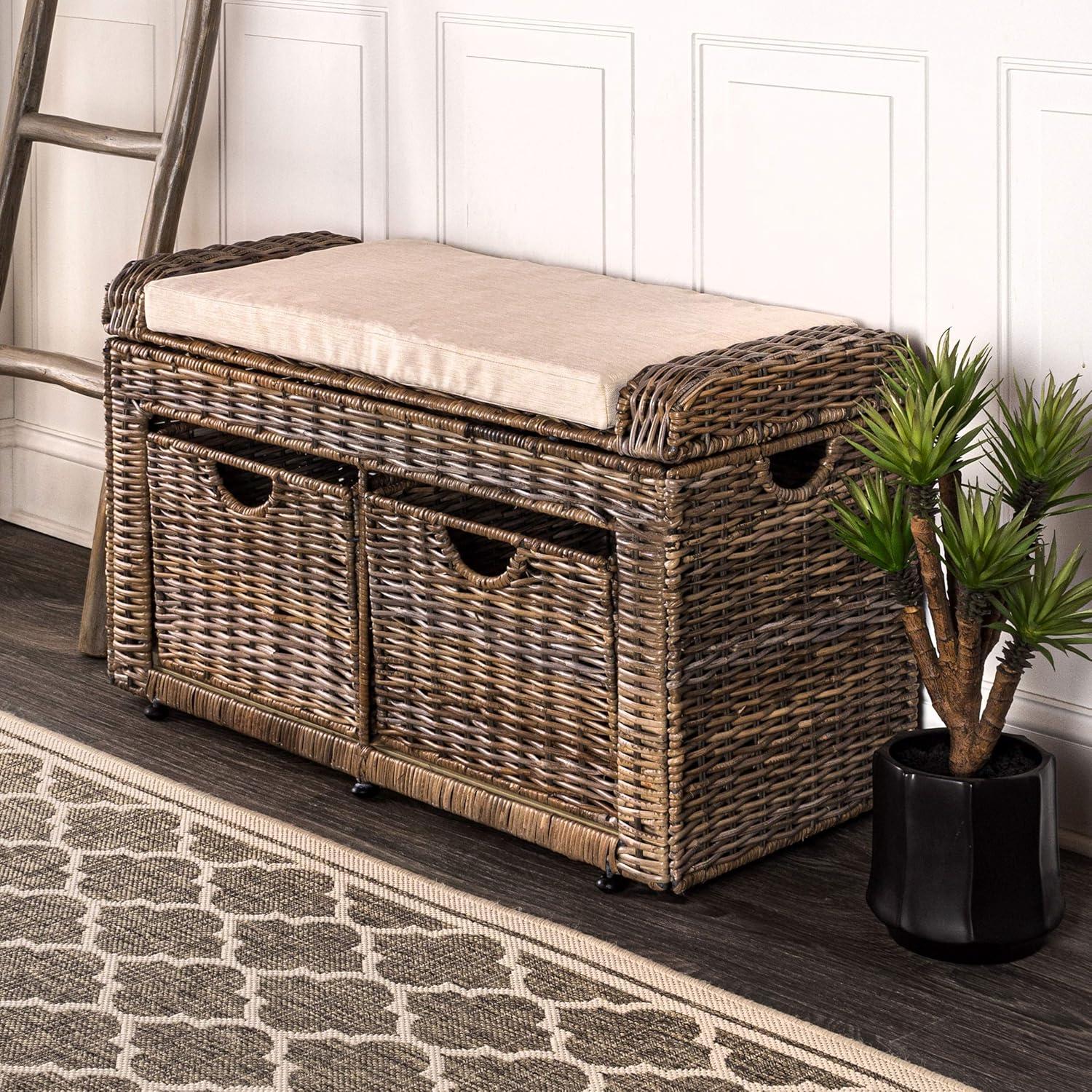 Palermo 34.5" Brown Woven Wicker Storage Bench with Cushion