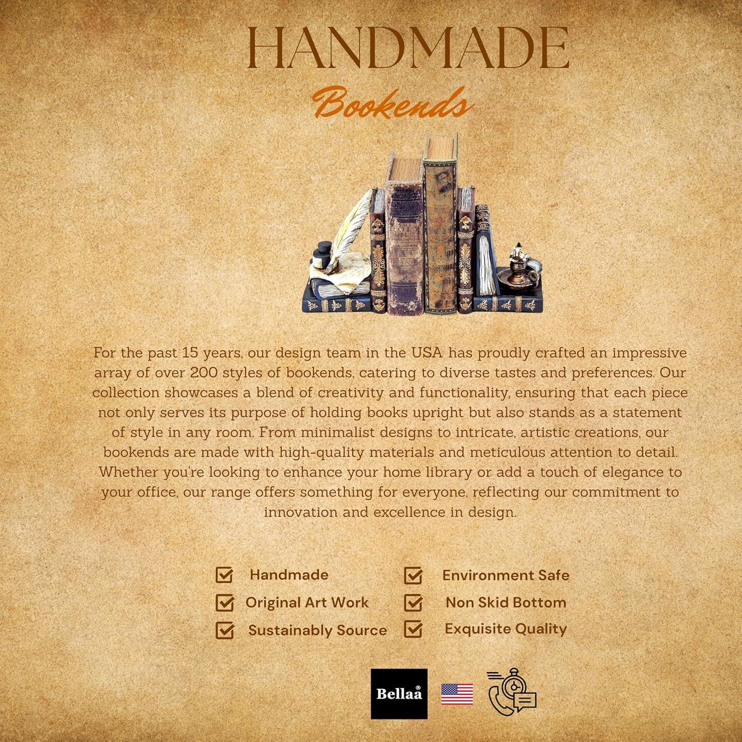 Bellaa 26324 Vintage Bookends Wizard Feather Quill Pen and Ink Bottle with Oil Lamp Antique Style Farmhouse Cottage Lodge Magic Home Decor