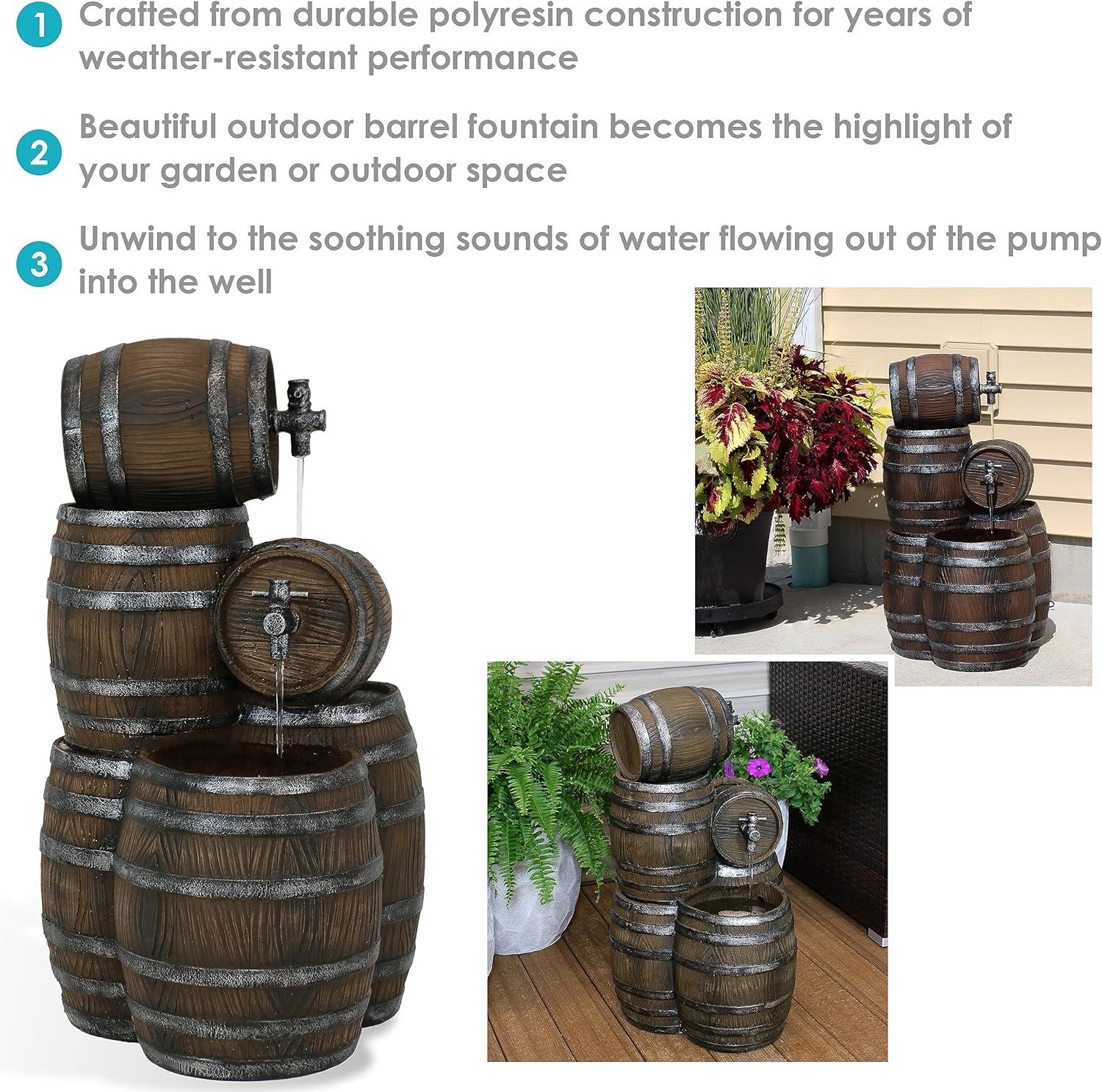 Sunnydaze 29"H Electric Polyresin Stacked Whiskey Barrel Outdoor Water Fountain with LED Lights