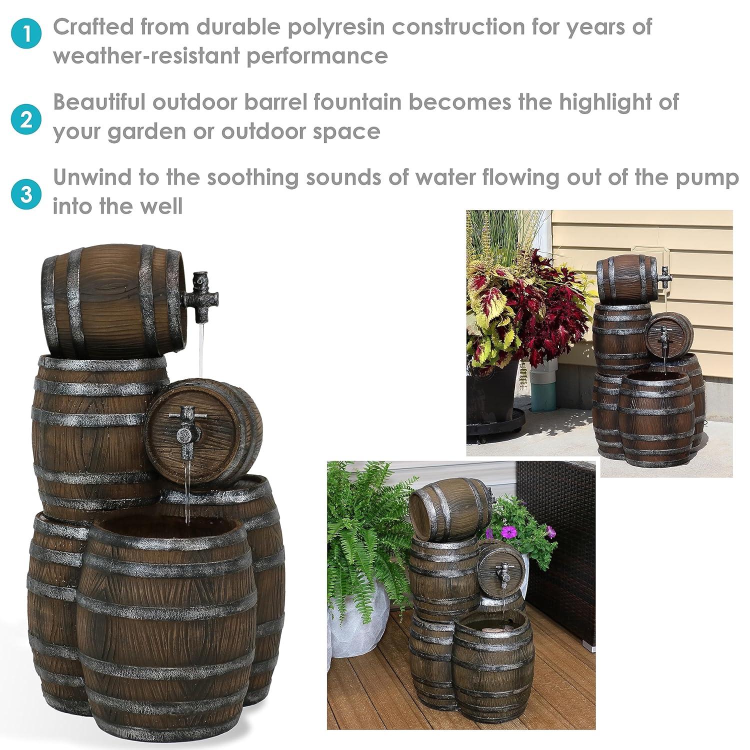 Sunnydaze 29"H Electric Polyresin Stacked Whiskey Barrel Outdoor Water Fountain with LED Lights