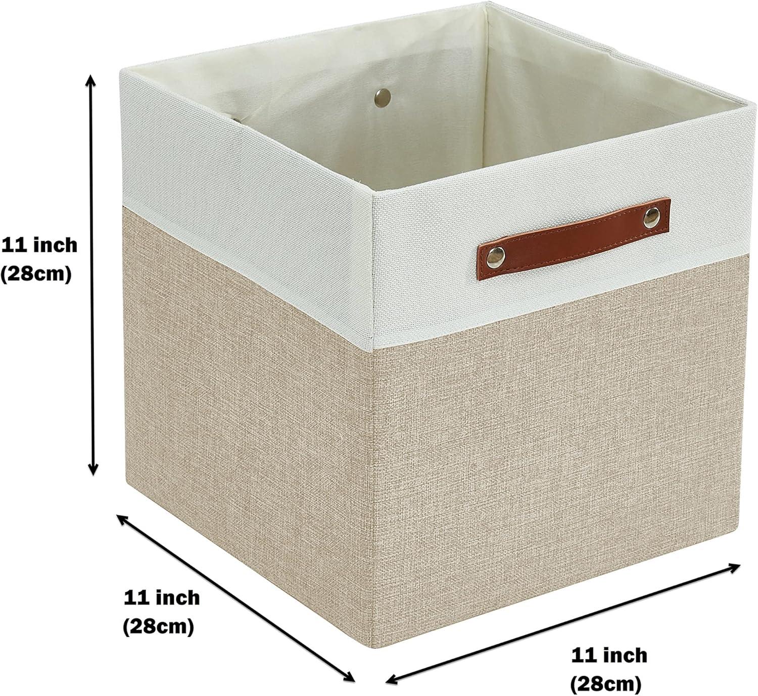 DECOMOMO Fabric Cube Storage Bins - Storage Baskets for Shelves, Cube Storage Organizer for Kallax and Cubbies (Beige & White, 11 inch Cube) - 4 Pack
