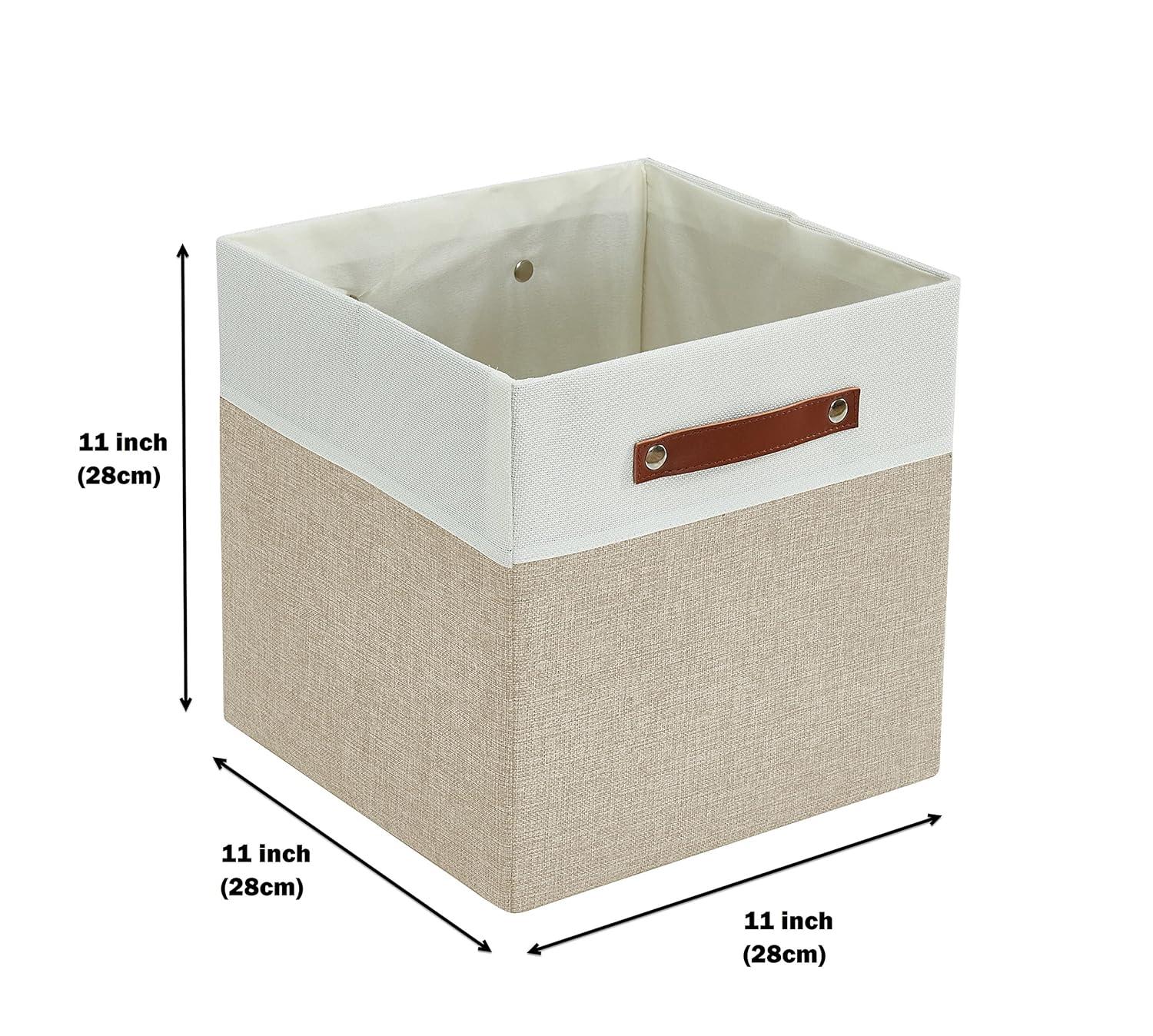 DECOMOMO Fabric Cube Storage Bins - Storage Baskets for Shelves, Cube Storage Organizer for Kallax and Cubbies (Beige & White, 11 inch Cube) - 4 Pack
