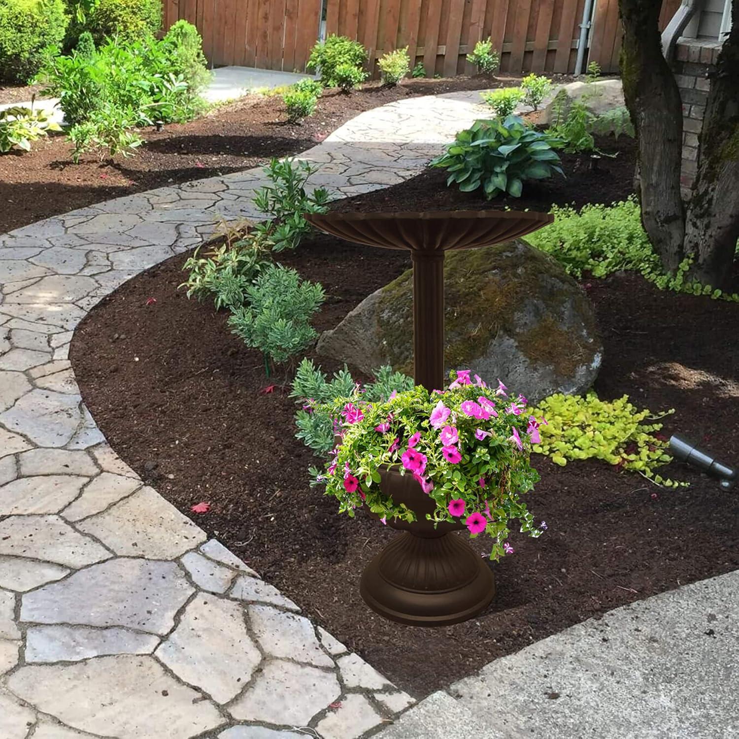 Ornate Cast Aluminum 35" Bird Bath with Planter - Brown - Oakland Living: Traditional Style, Easy Setup