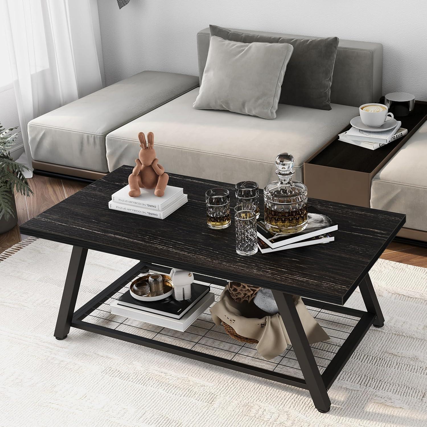 Charcoal Black 2-Tier Industrial Wood and Metal Coffee Table