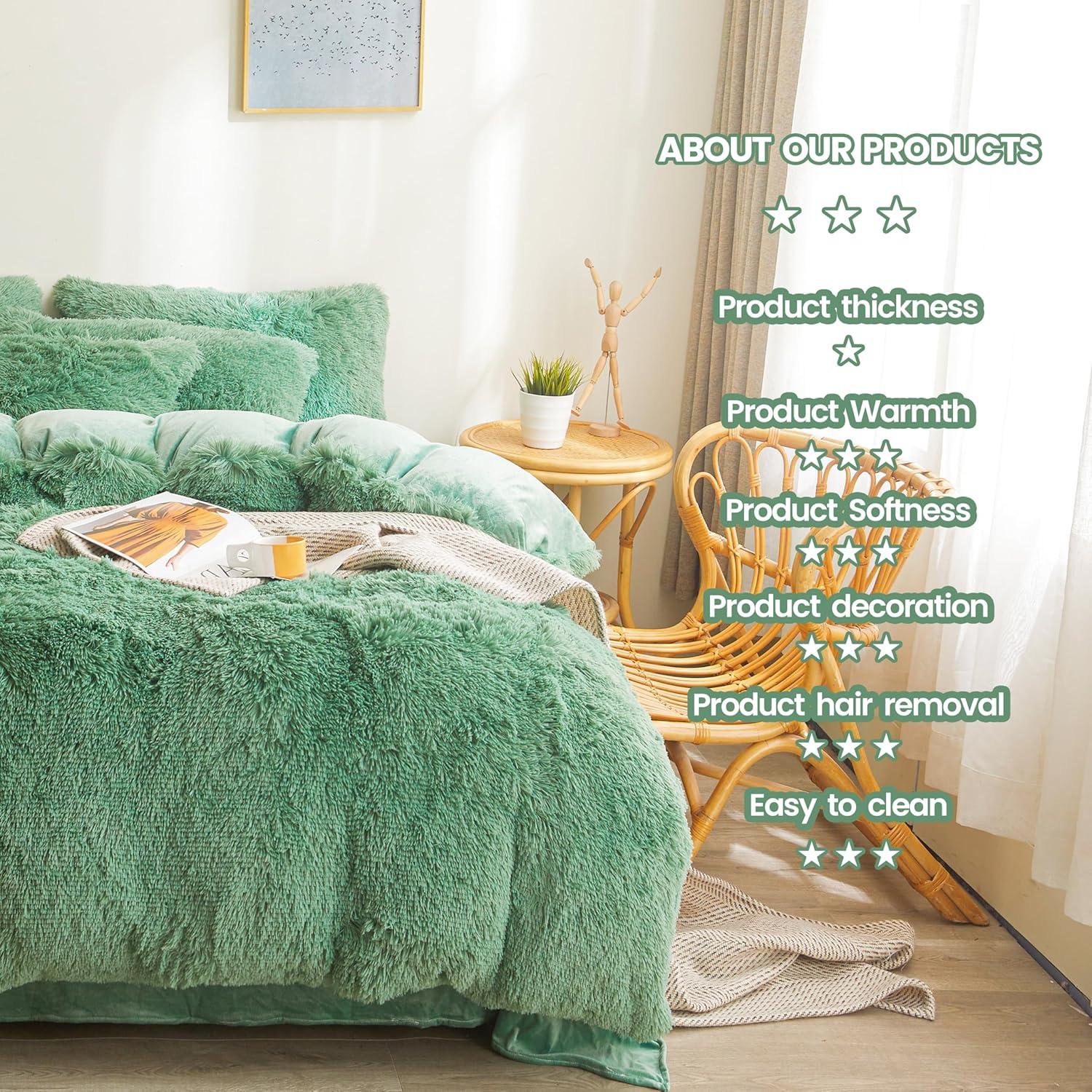 LIFEREVO 3 Pieces Luxury Plush Shaggy Faux Fur Duvet Cover Set(1 Fluffy Fuzzy Comforter Cover + 2 Pompoms Fringe Quilted Pillow Shams) Furry Bed Set, Zipper Closure, Queen Size, Dark Green