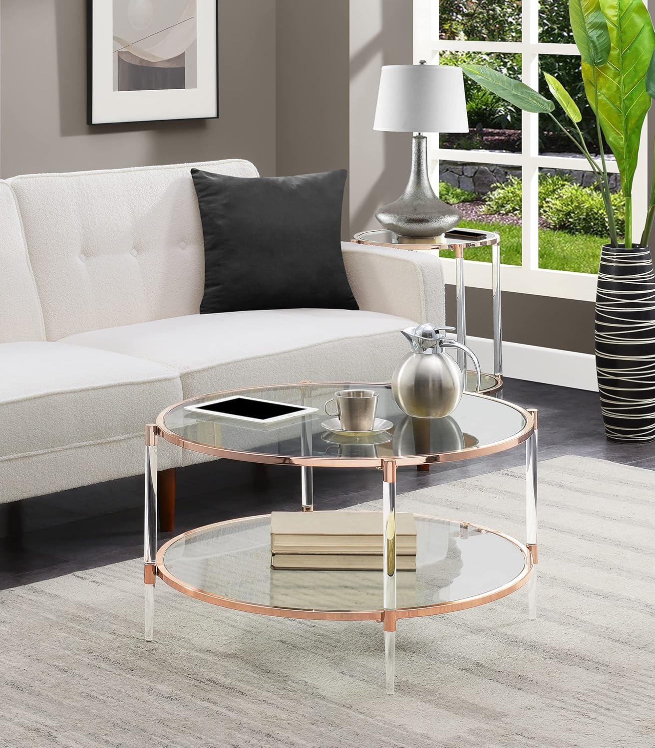 Royal Crest Two-Tier Clear Acrylic Glass Coffee Table with Gold and Chrome Frame