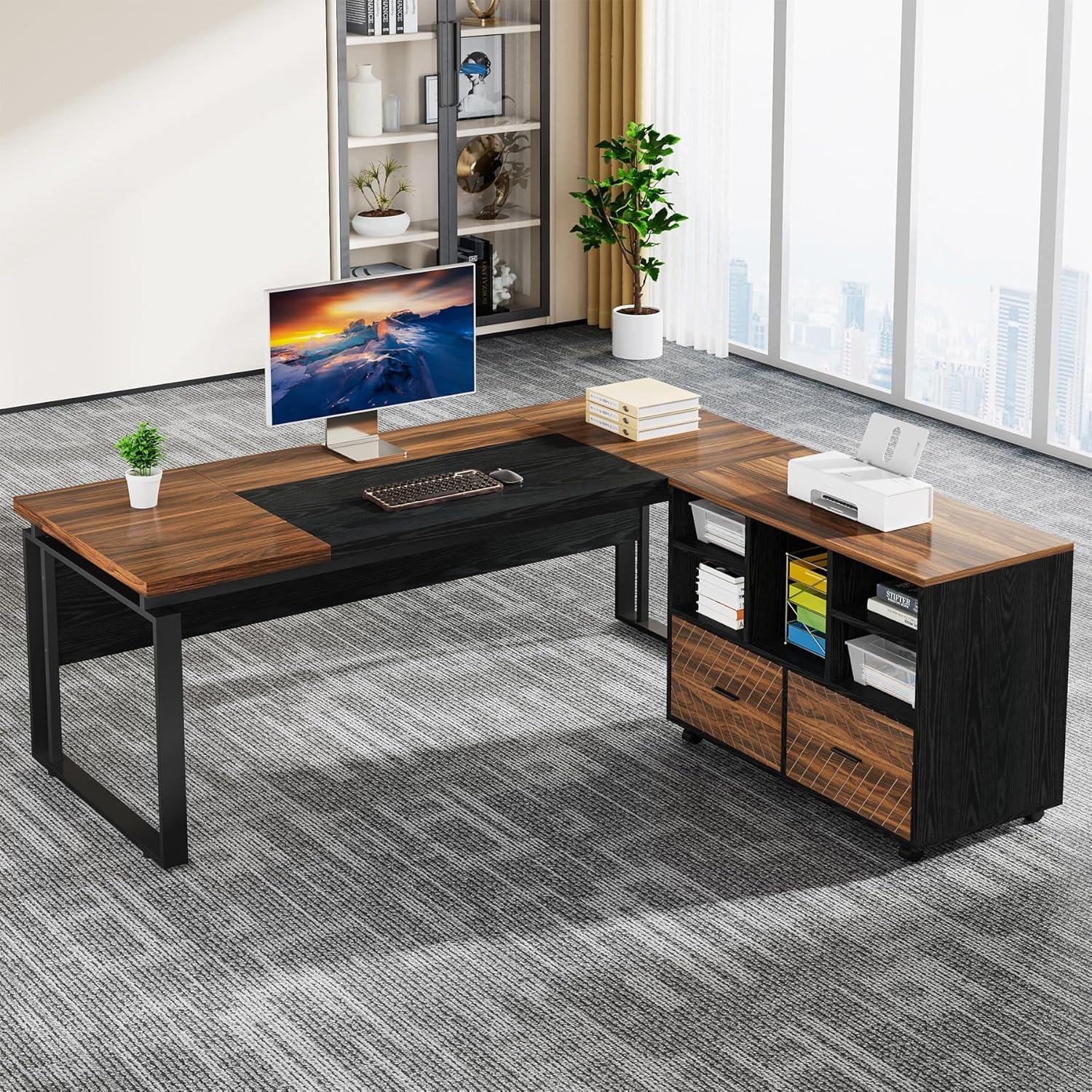 Tribesigns 63" Large Executive Desk L Shaped Computer Desk with File Storage Cabinet, Brown and Black