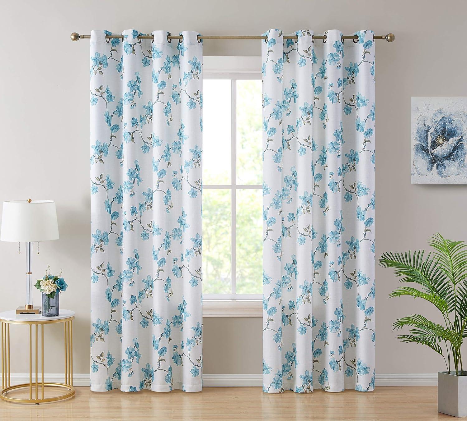 Teal Blue Floral Light-Filtering Polyester Grommet Window Panels, 54 x 63 inches