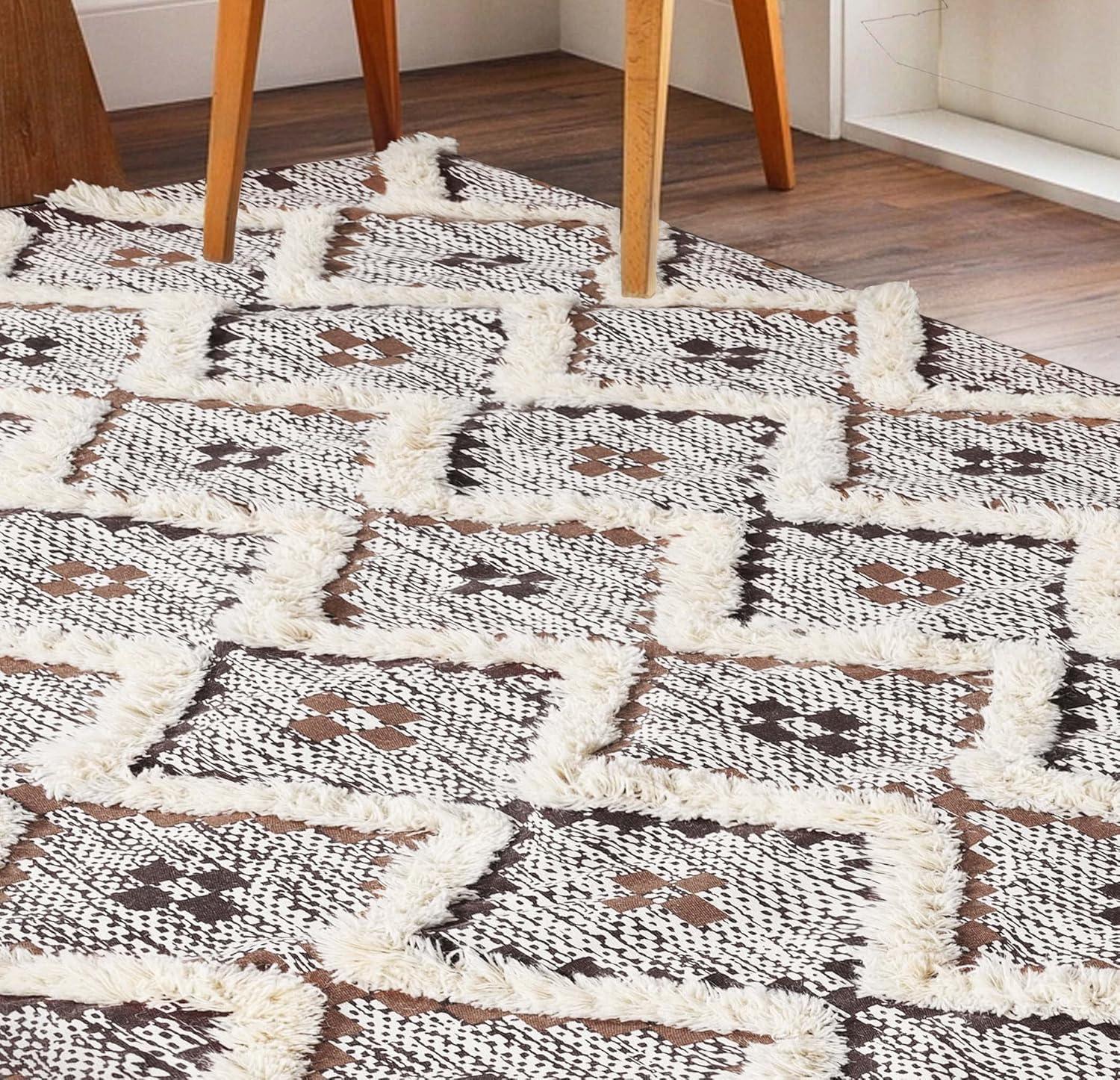 Superior Evren Hand-Tufted Cotton/Wool Textured Geometric Tan/Chocolate Farmhouse Area Rug, 6' x 9'