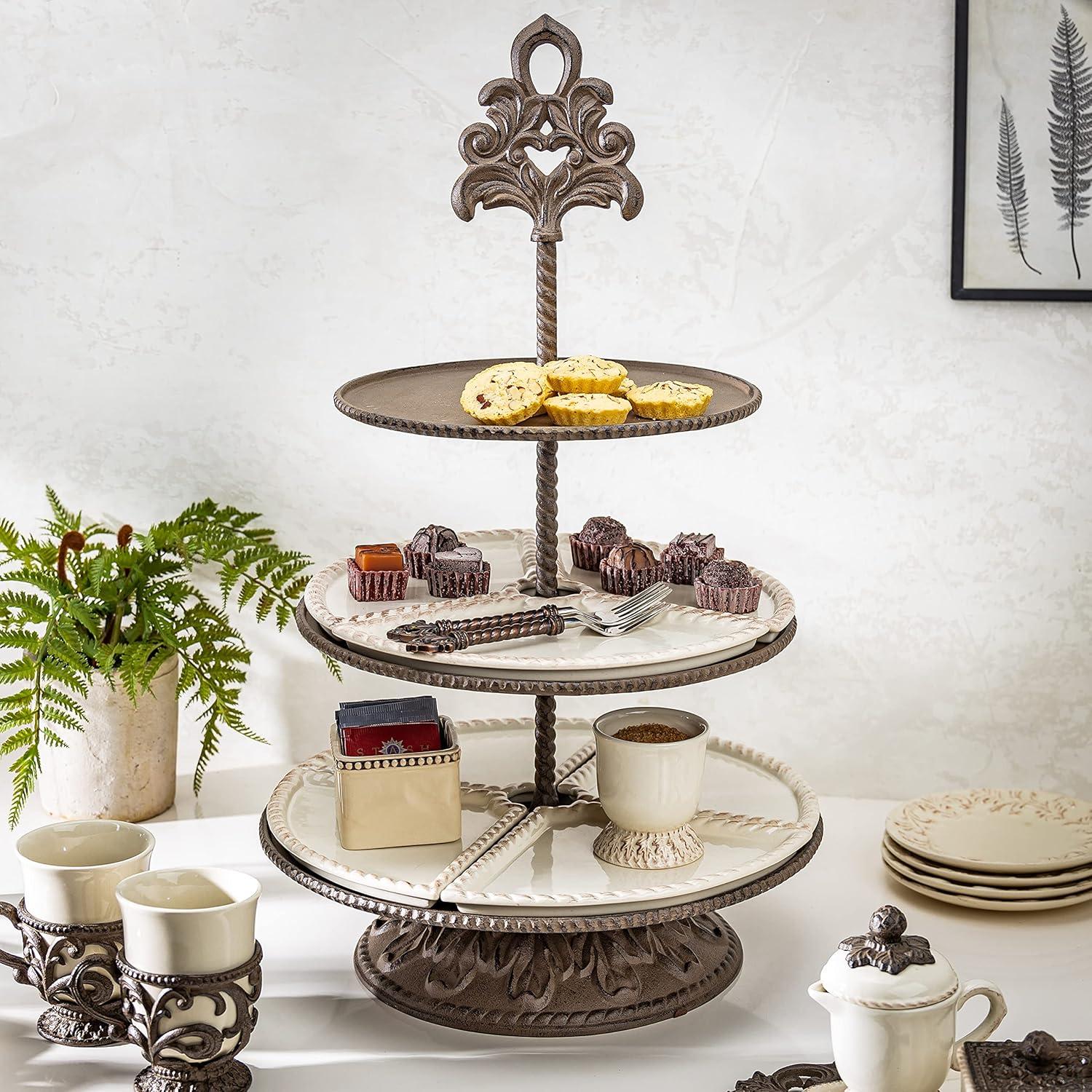 Dark Brown Ceramic 3-Tiered Round Server with Metal Base