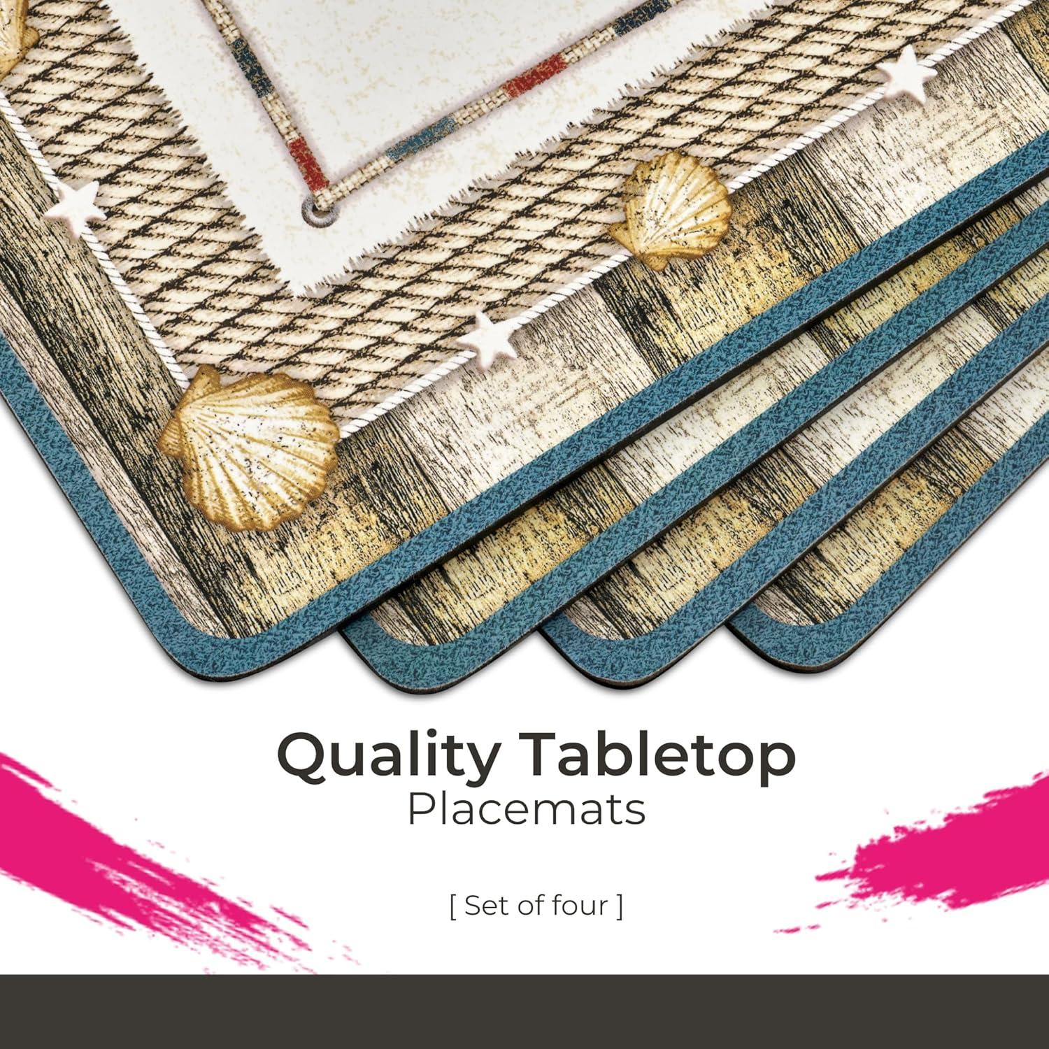 Pimpernel Coastal Breeze Placemats Set of 4 with Cork Backing - Heat & Stain Resistant Dining Table Mats Featuring Beach-Inspired Blue & White Design