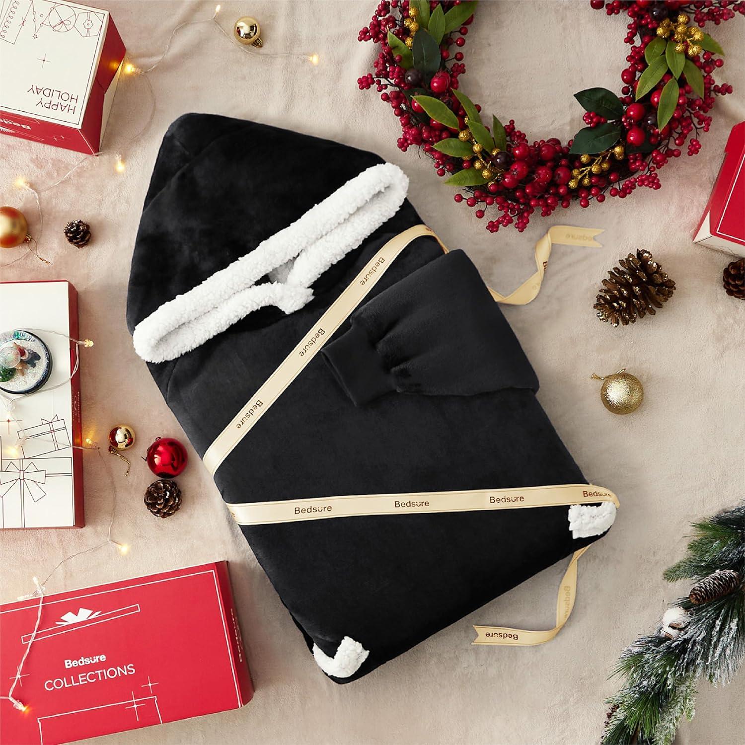 Bedsure Blanket Hoodie, Wearable Blanket for Adults & Kids as Gifts for Women Men, Birthday Gifts for Women Mom Girl Sherpa Oversized Hoodie, Black, Standard