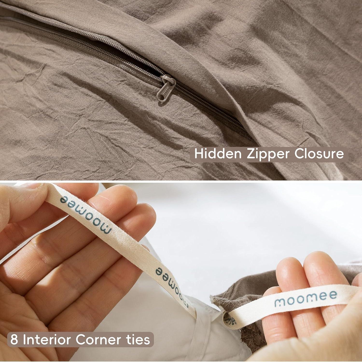 MooMee Washed Cotton Duvet Cover Set Linen Like Textured Breathable 3-Piece (Mocha Brown, Queen)