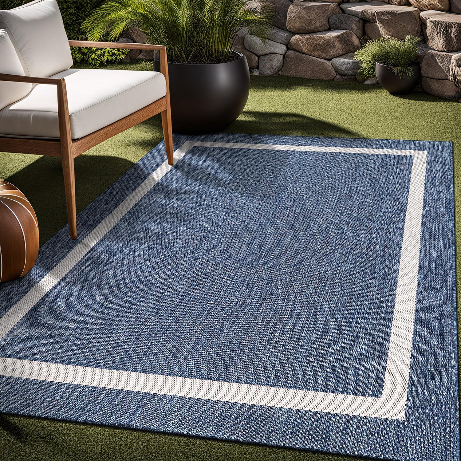 Unique Loom 6' 1 x 9' 0 Rectangle Indoor/Outdoor Border Blue Area Rug