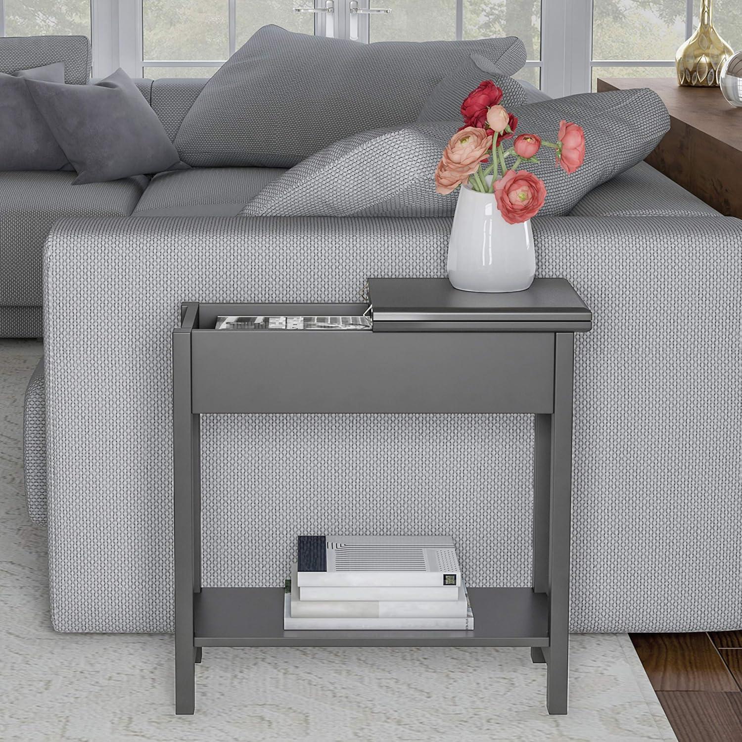 Gray MDF Flip-Top End Table with Storage and Shelf