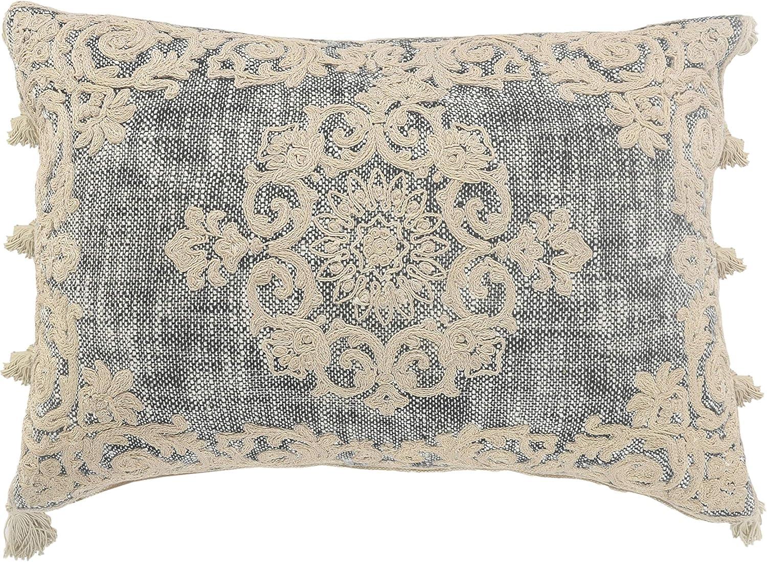 Gray and Beige Embroidered Rectangular Lumbar Pillow