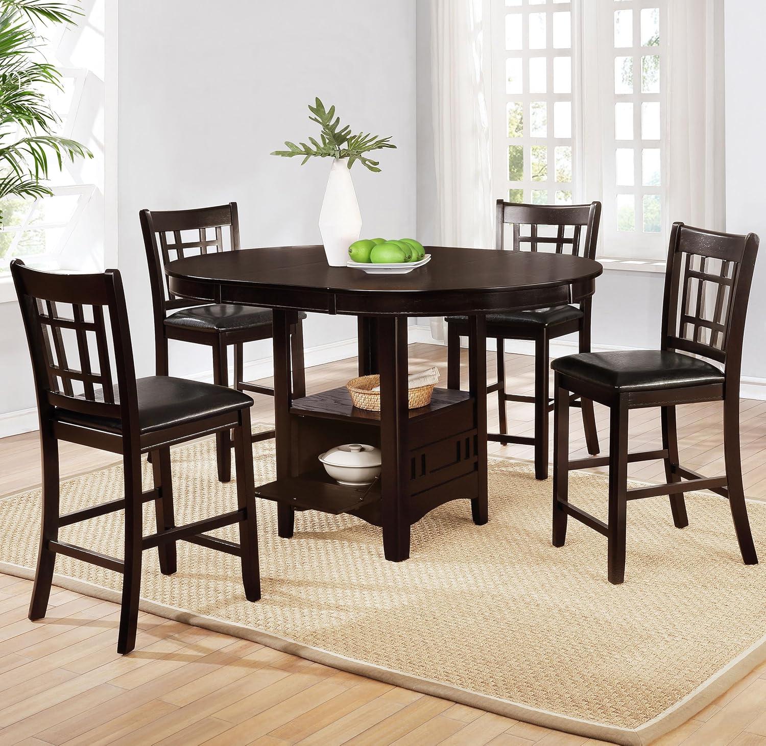 Espresso Oak Veneer Counter Height Dining Set with Black Fabric Chairs
