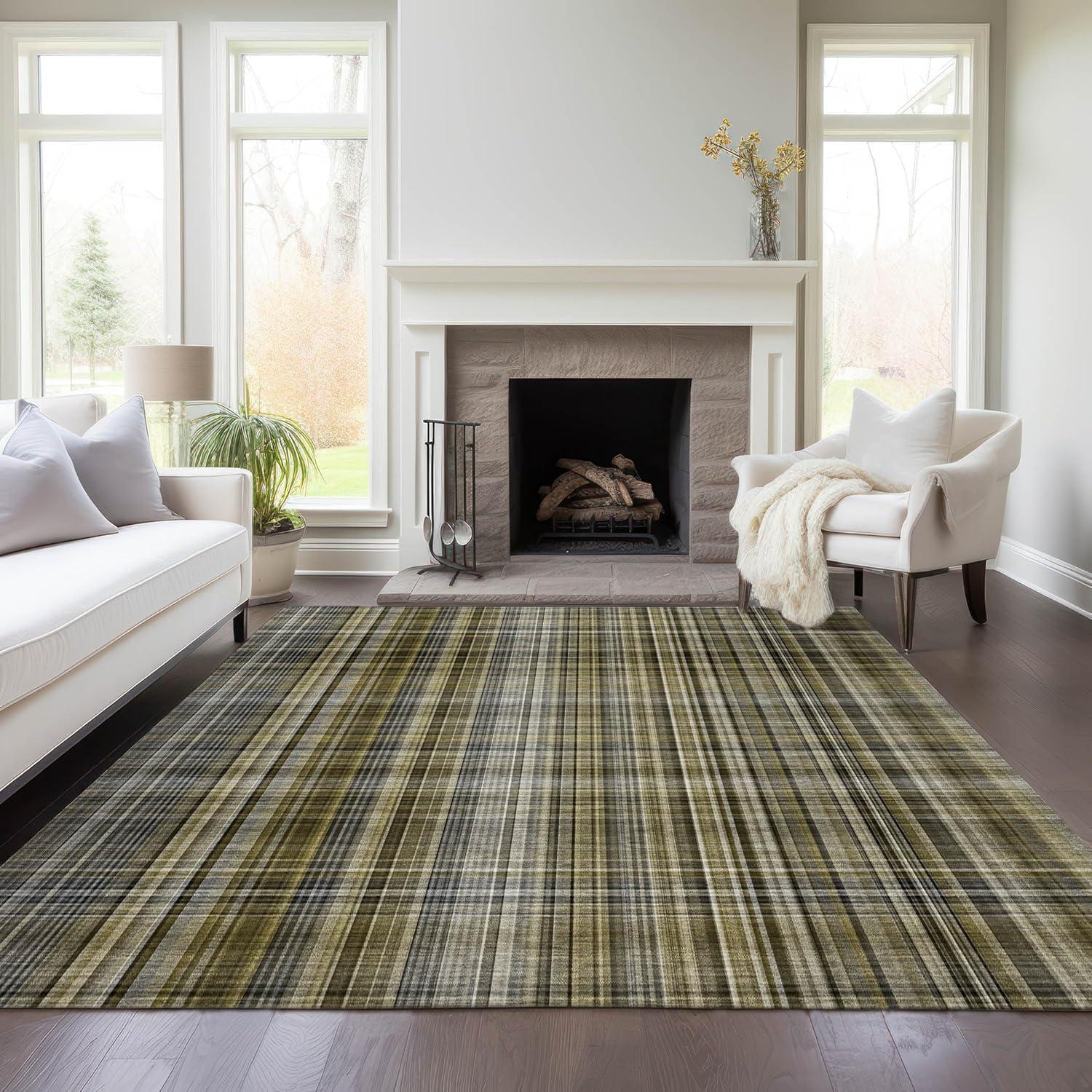 Taupe Plaid Synthetic 5' x 7' Washable Area Rug