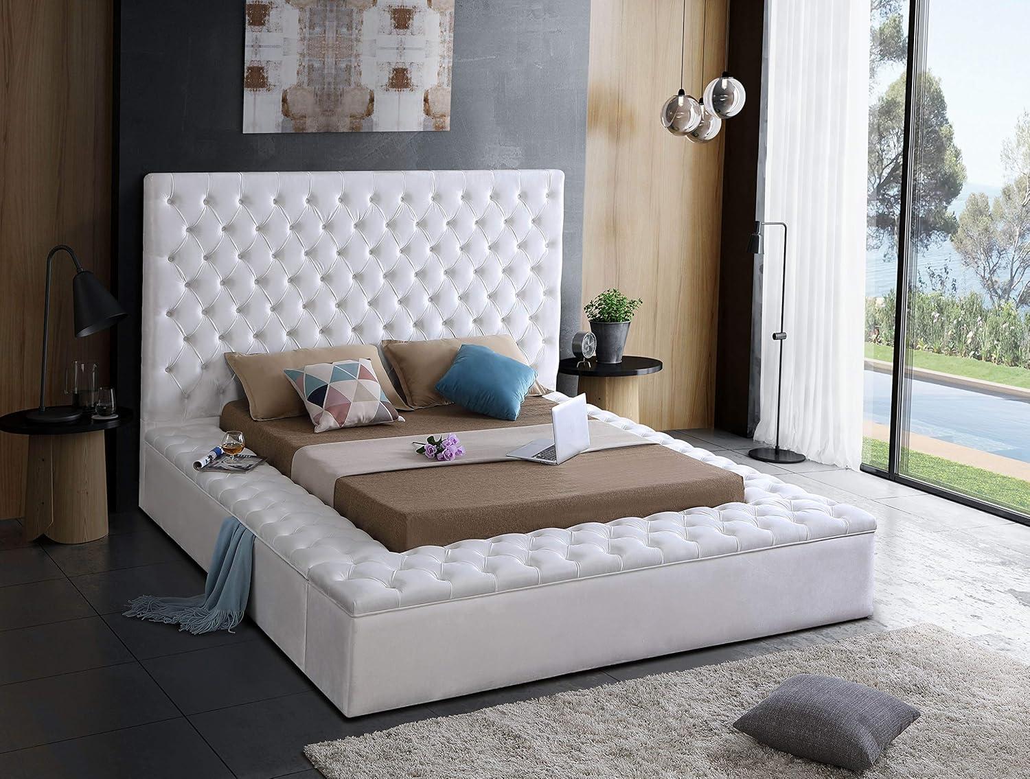 Bliss White Velvet Queen Upholstered Storage Bed with Tufted Headboard