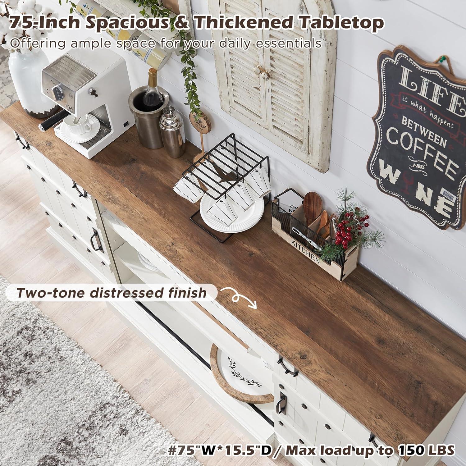 OKD 75" Wide Farmhouse Barn Door TV Stand for TVs up to 85", Entertainment Center with Wood Barn Door Storage Console, Dark Rustic Oak