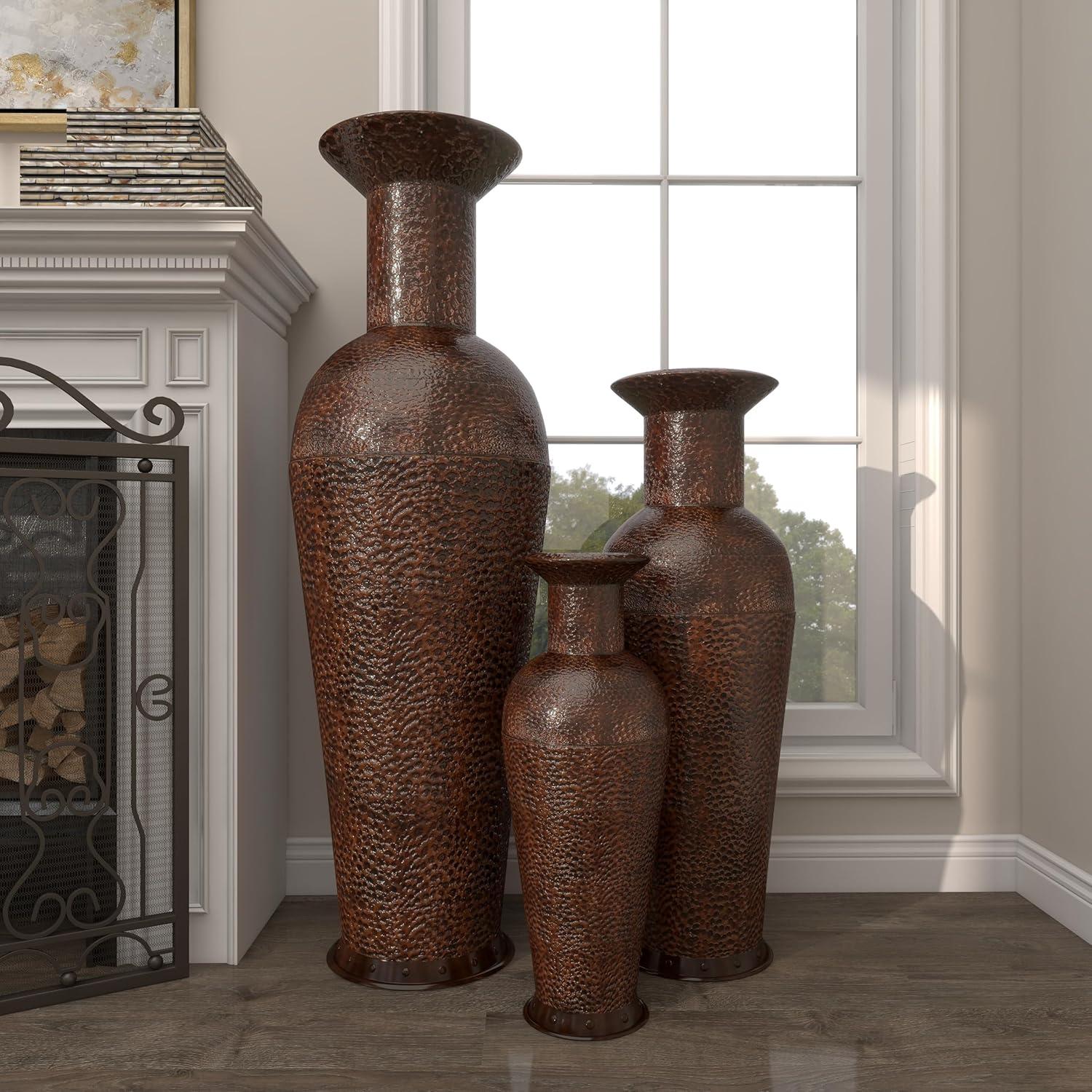 Tall Dark Brown Metal Floor Decorative Vase Set with Bubble Texture