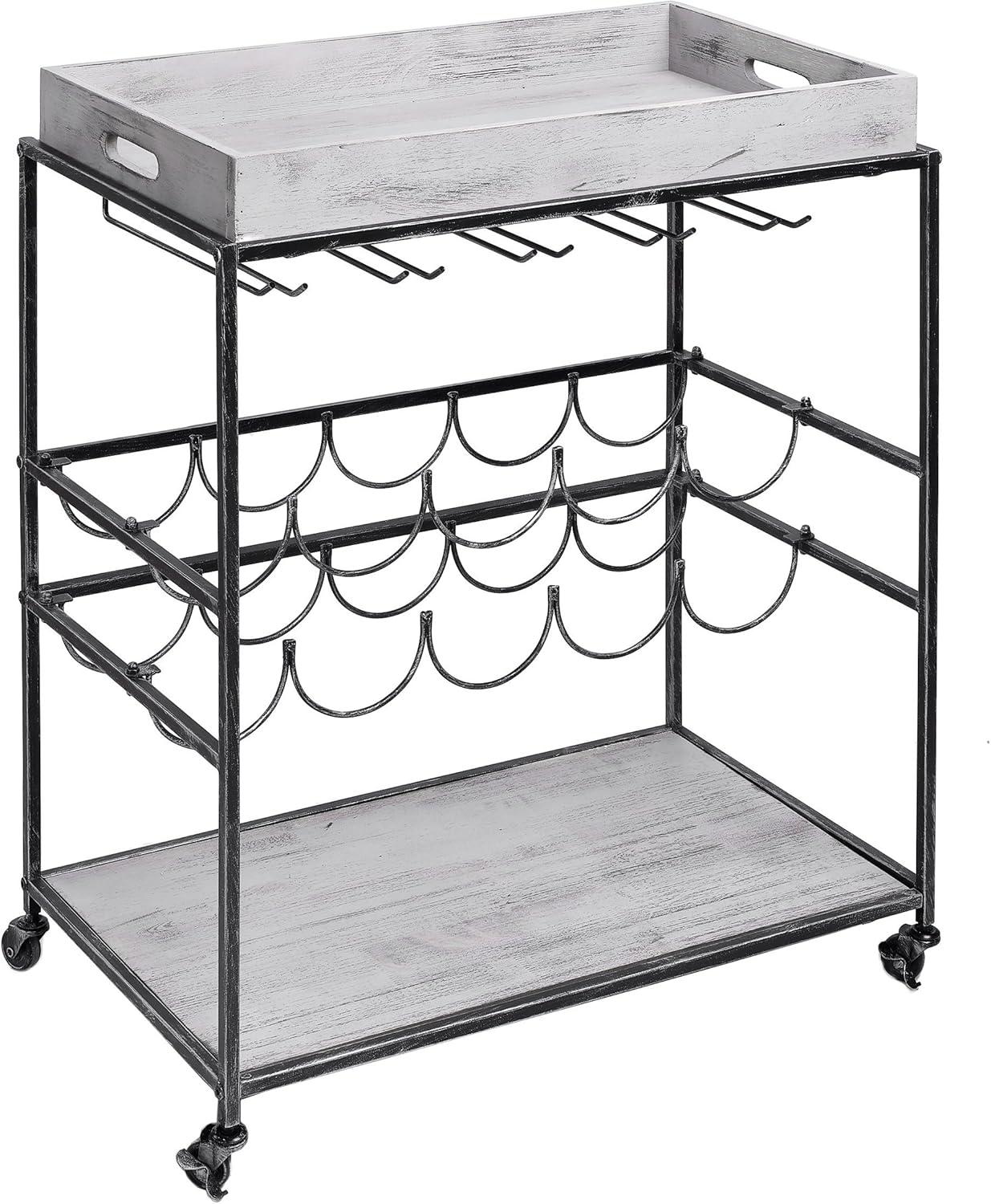 Old Dutch International Avalon Wine/Serving Cart 28" x 16" x 32" Antique Pewter, Barnwood Gray Stained Rubberwood 612BP