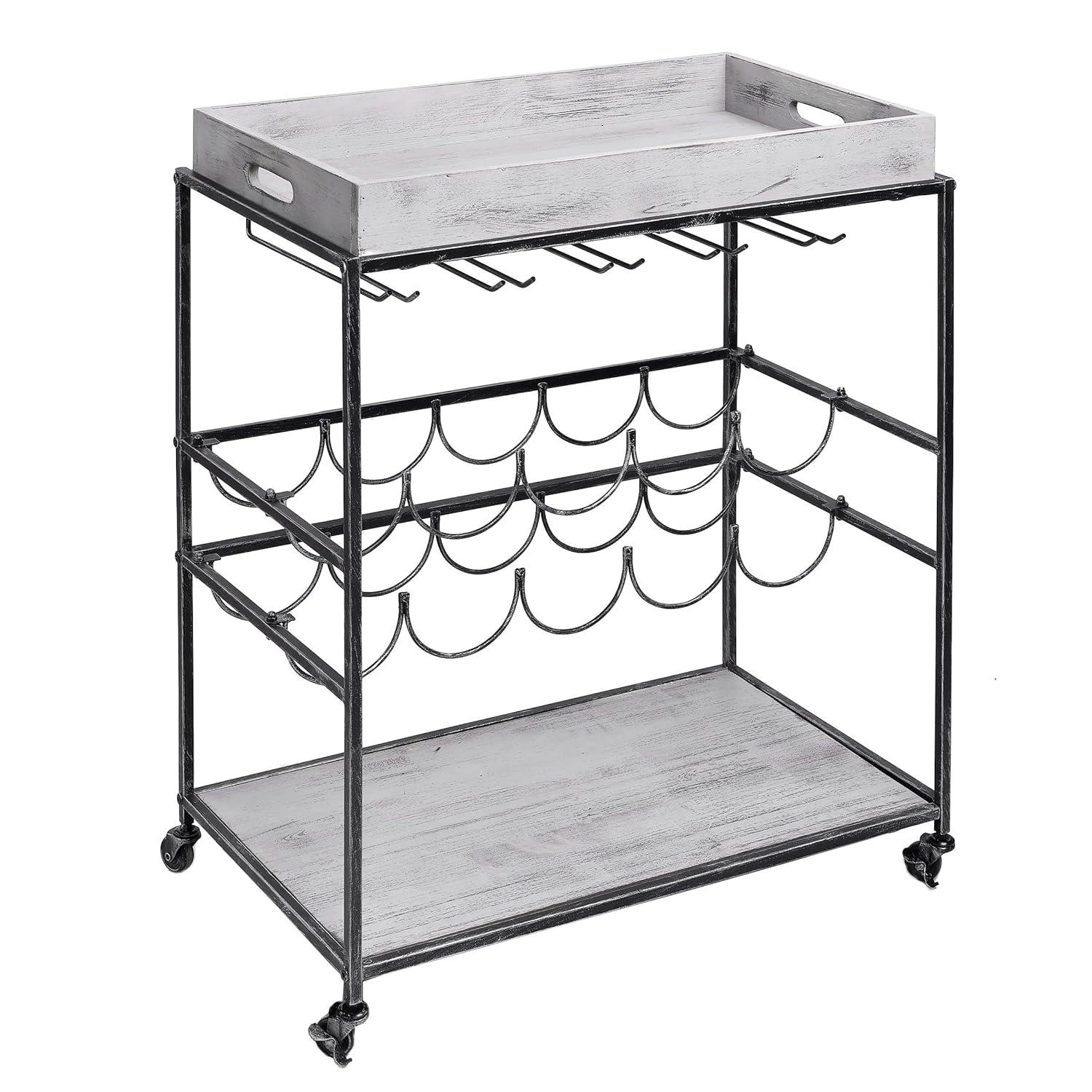 Old Dutch International Avalon Wine/Serving Cart 28" x 16" x 32" Antique Pewter, Barnwood Gray Stained Rubberwood 612BP