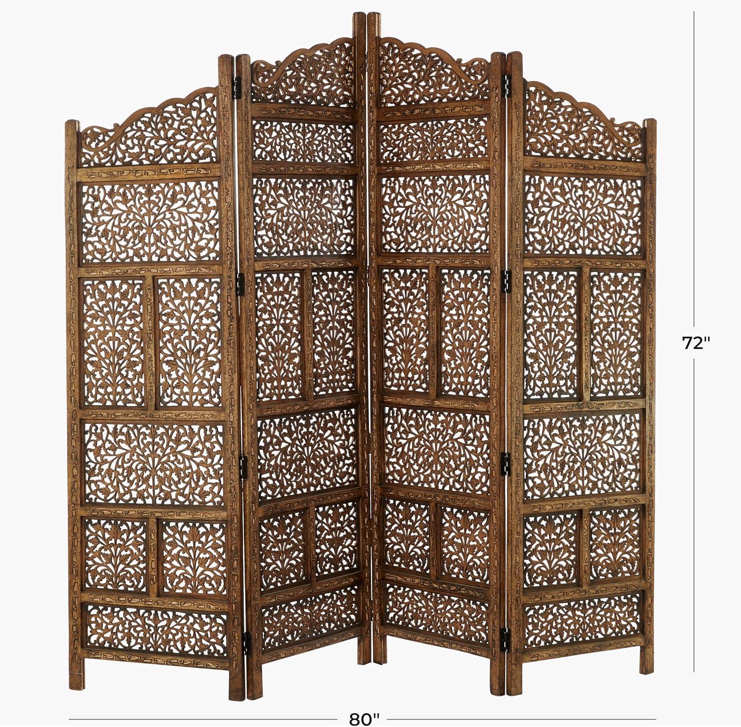 DecMode 80" x 72" Brown Wood Floral Handmade Foldable Arched Partition 4 Panel Room Divider Screen with Intricately Carved Designs, 1-Piece