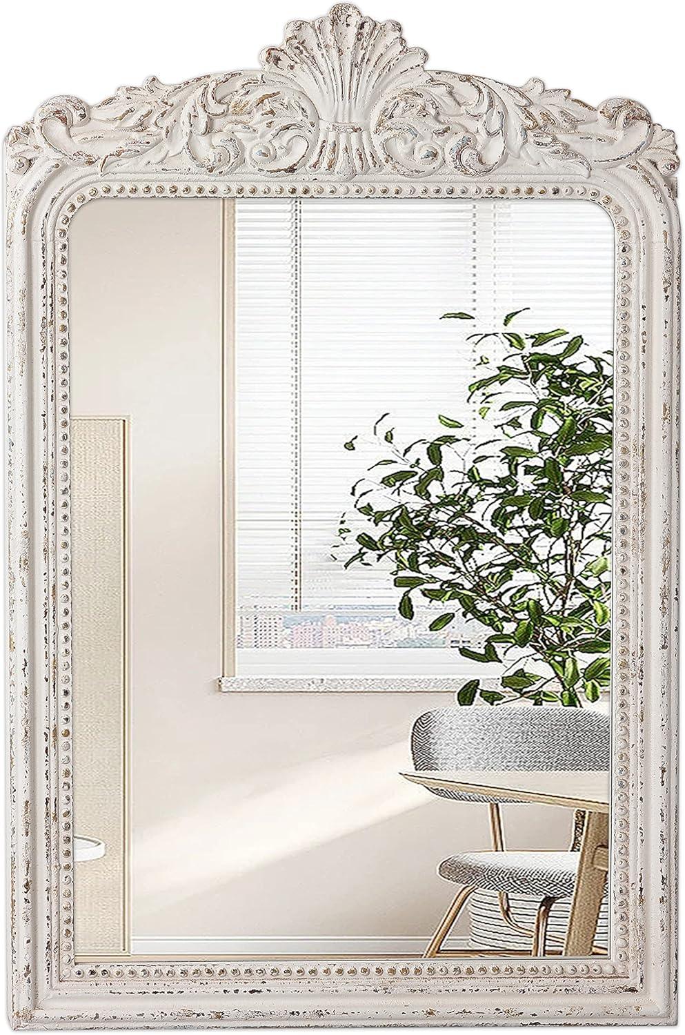 Ophelia & Co. Vintage Ornate Wood Framed Mirror Decorative For Wall 24" x 36", Hanging Distressed White Rustic Wall Mirrors